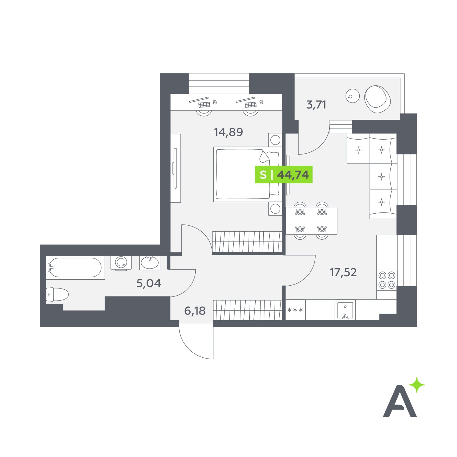 Планировка: 2-комнатная квартира, 44,7 м²