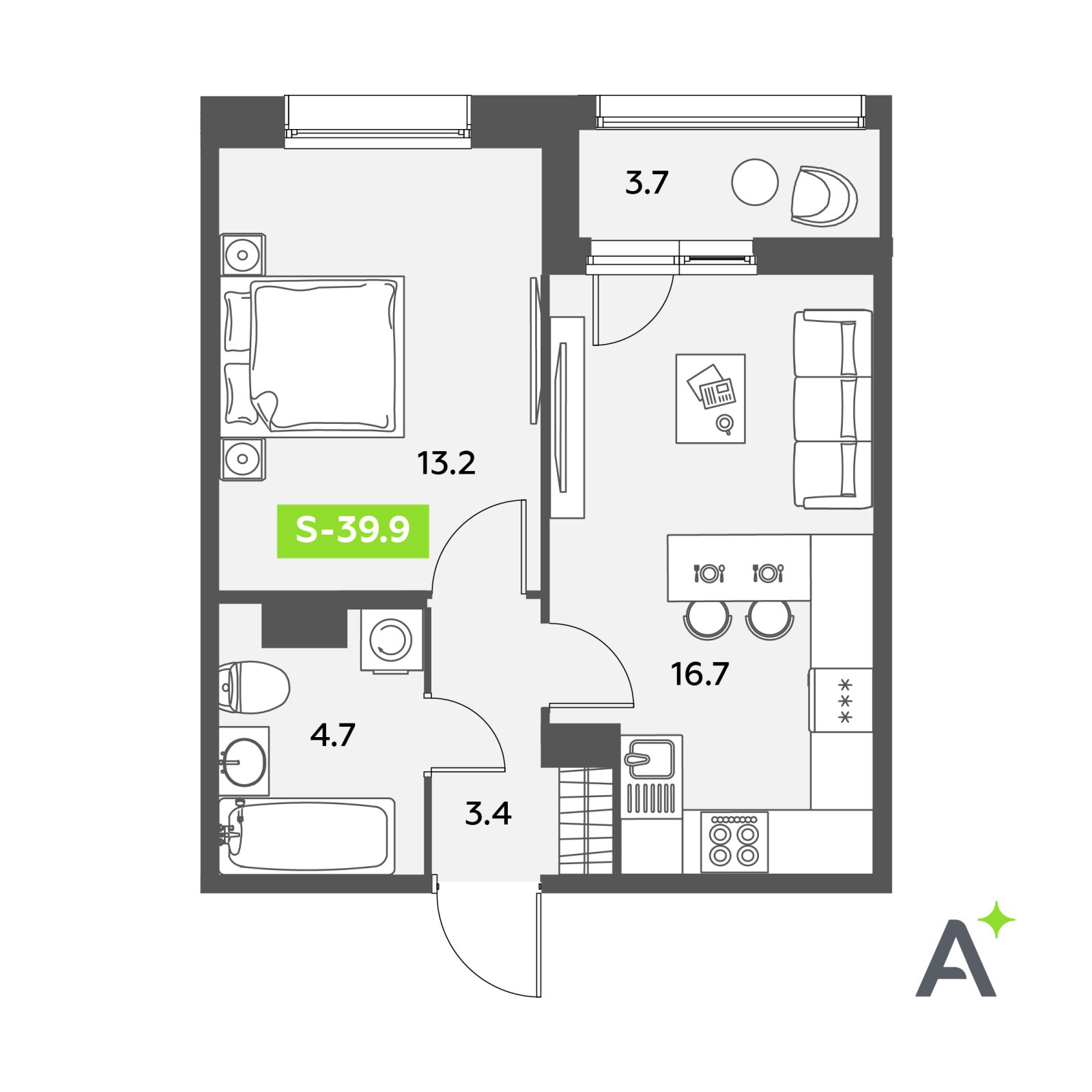 Планировка: 2-комнатная квартира, 39,9 м²