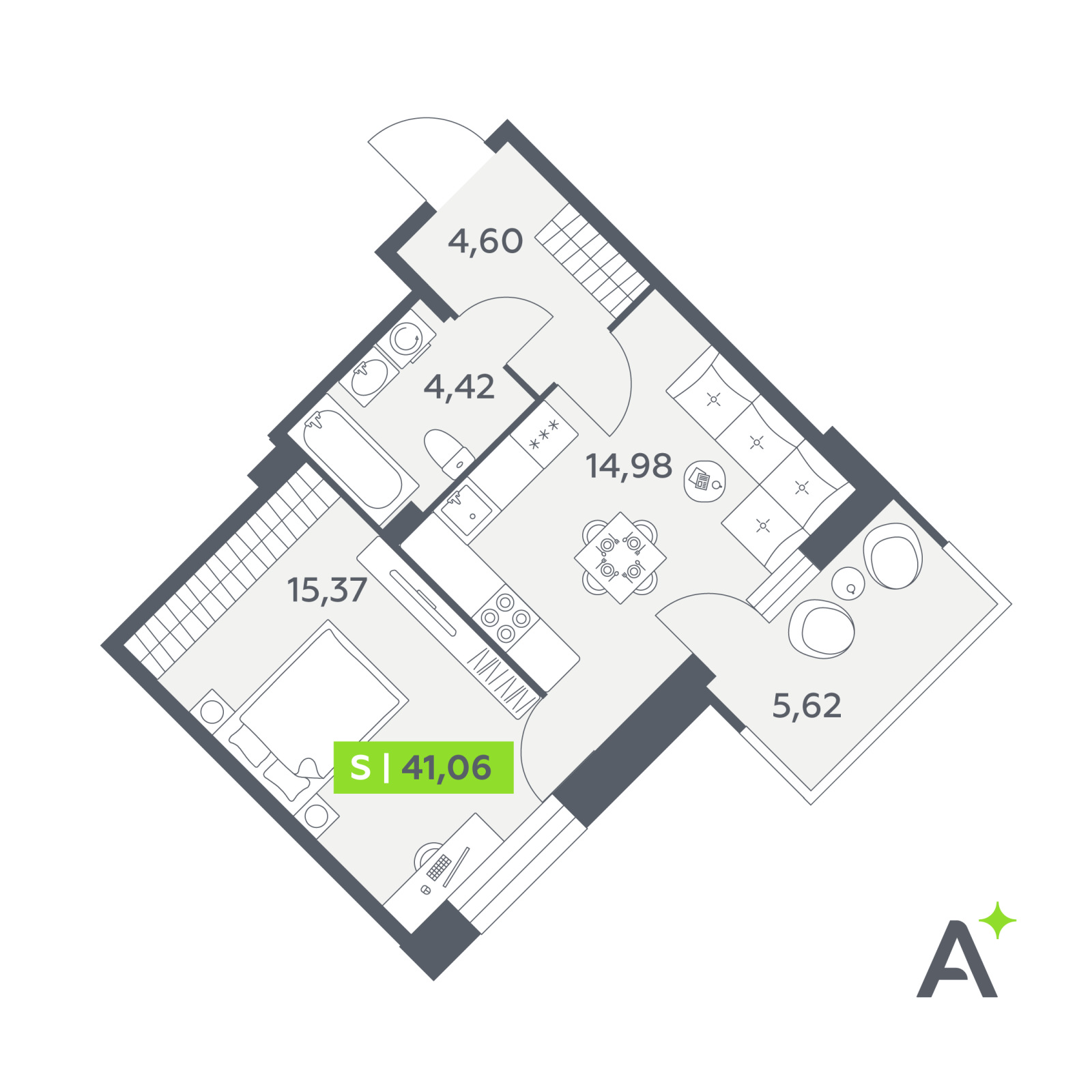 Планировка: 2-комнатная квартира, 41,1 м²