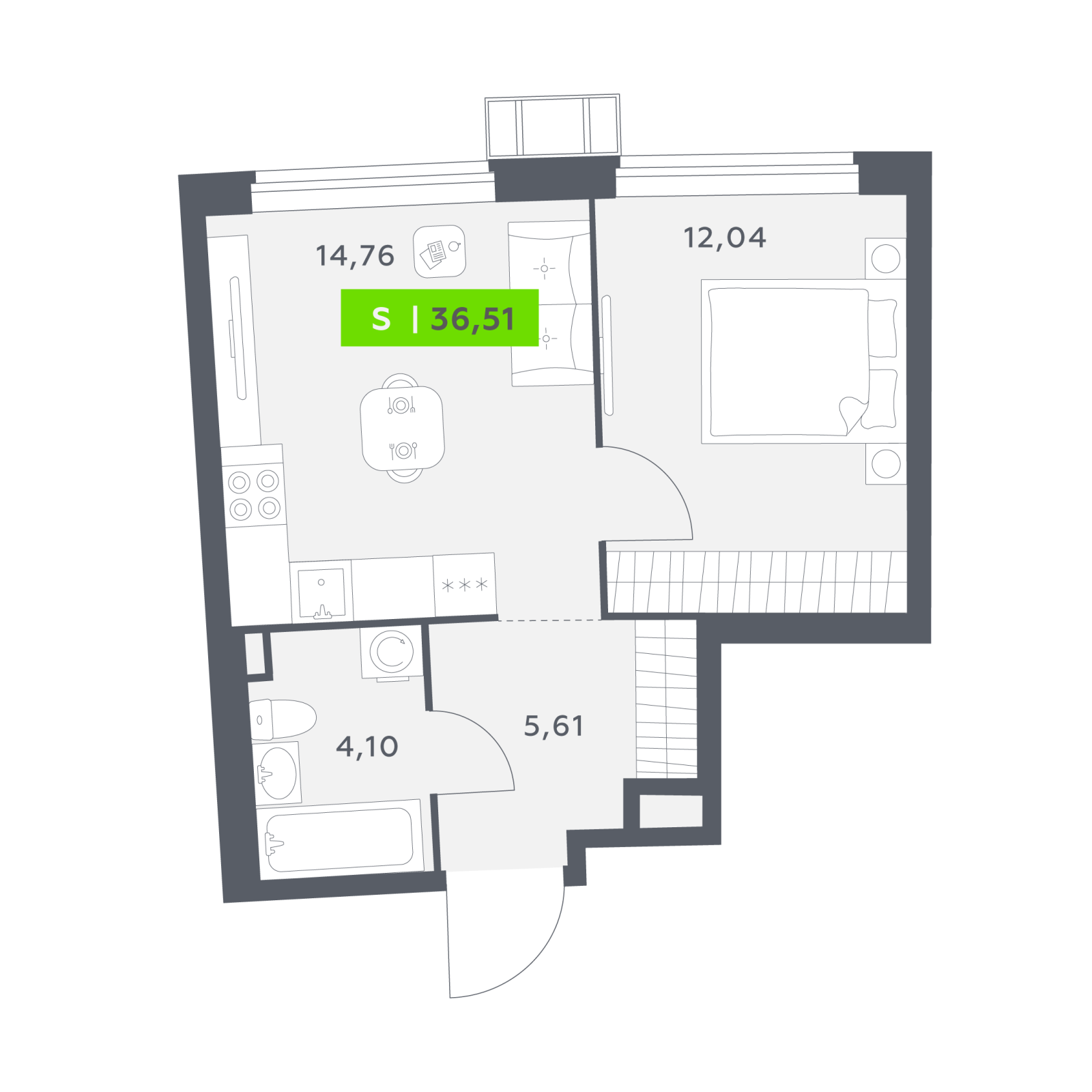 Планировка: 2-комнатная квартира, 36,5 м²