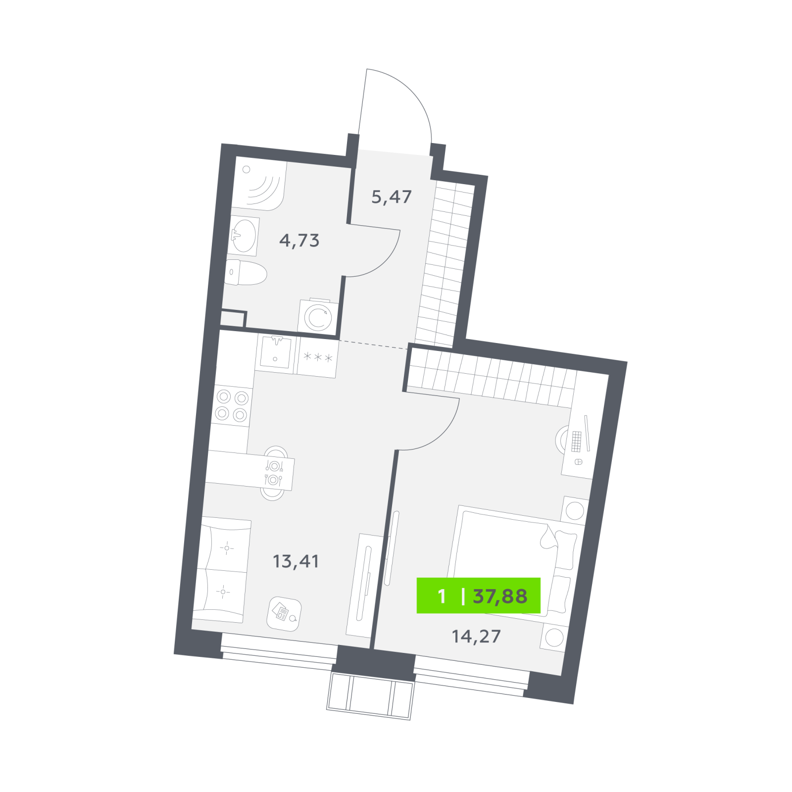 Планировка: 1-комнатная квартира, 37,9 м²