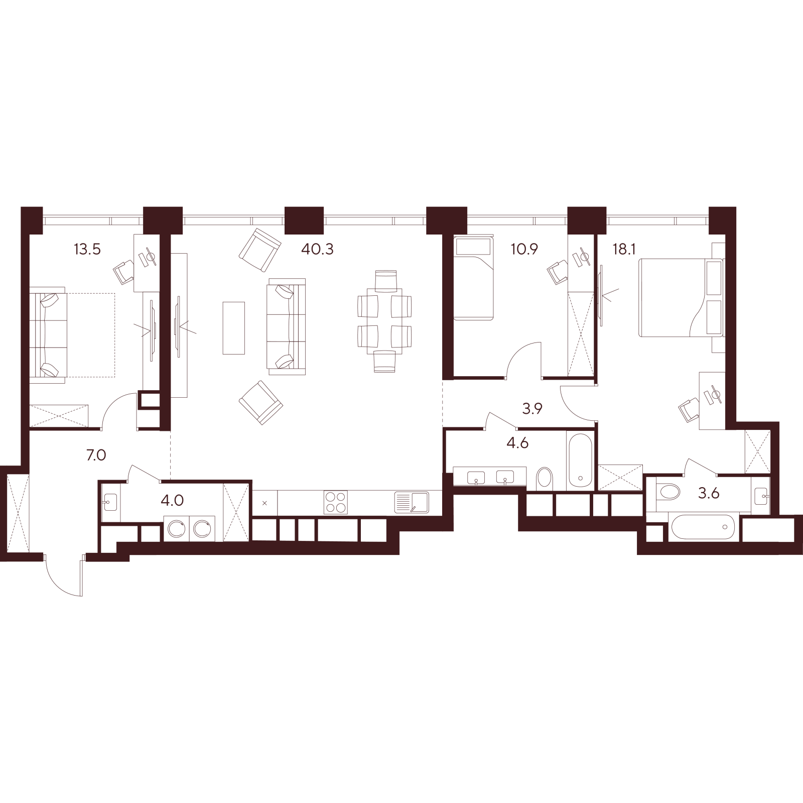 Планировка: 4-комнатная квартира, 105,9 м²