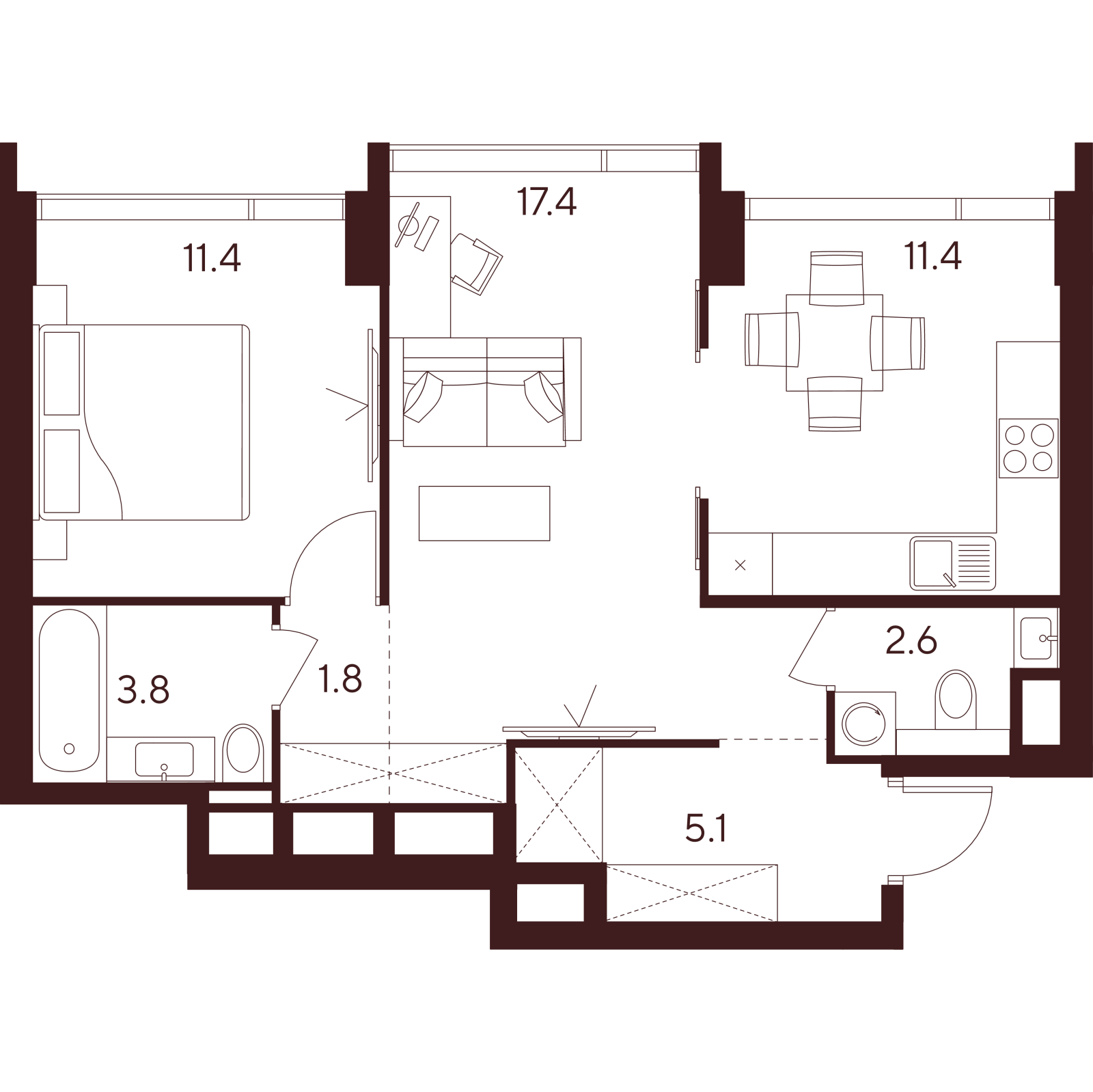 Планировка: 2-комнатная квартира, 53,5 м²