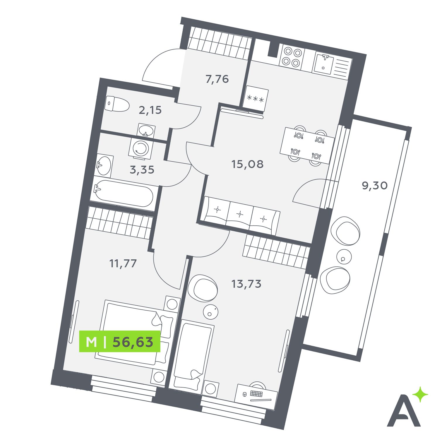 Планировка: 3-комнатная квартира, 56,6 м²