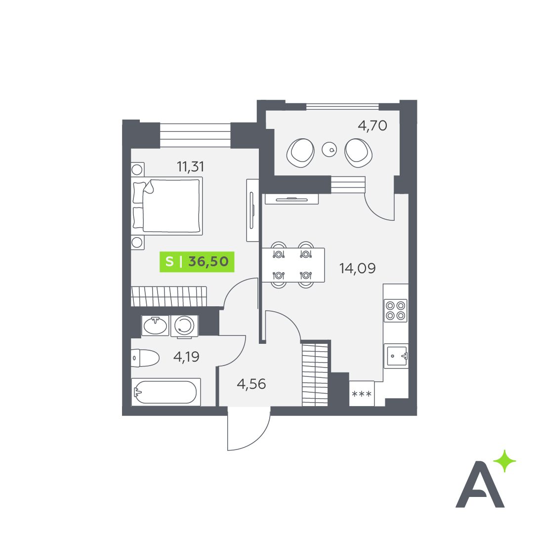 Планировка: 2-комнатная квартира, 36,5 м²