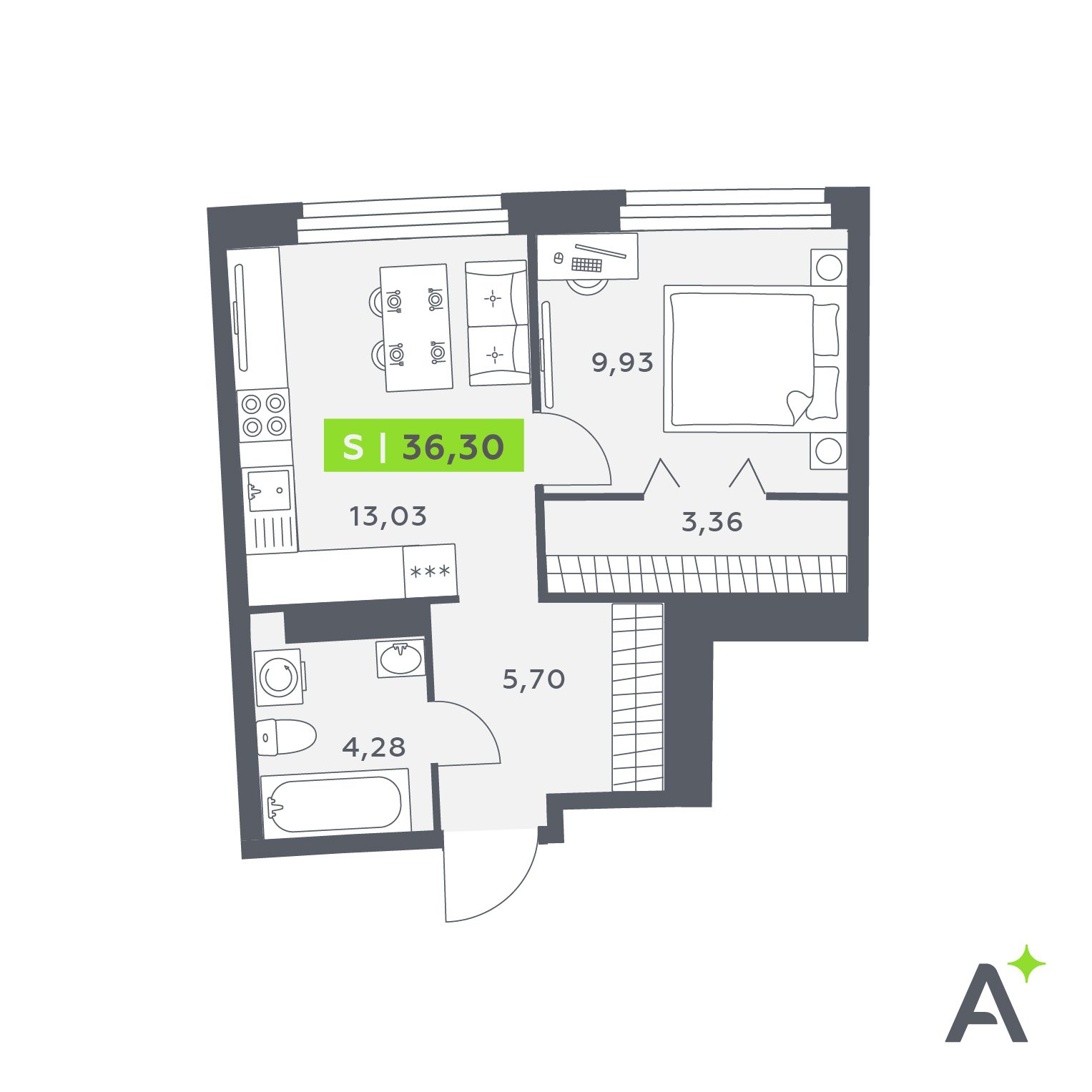 Планировка: 2-комнатная квартира, 36,3 м²