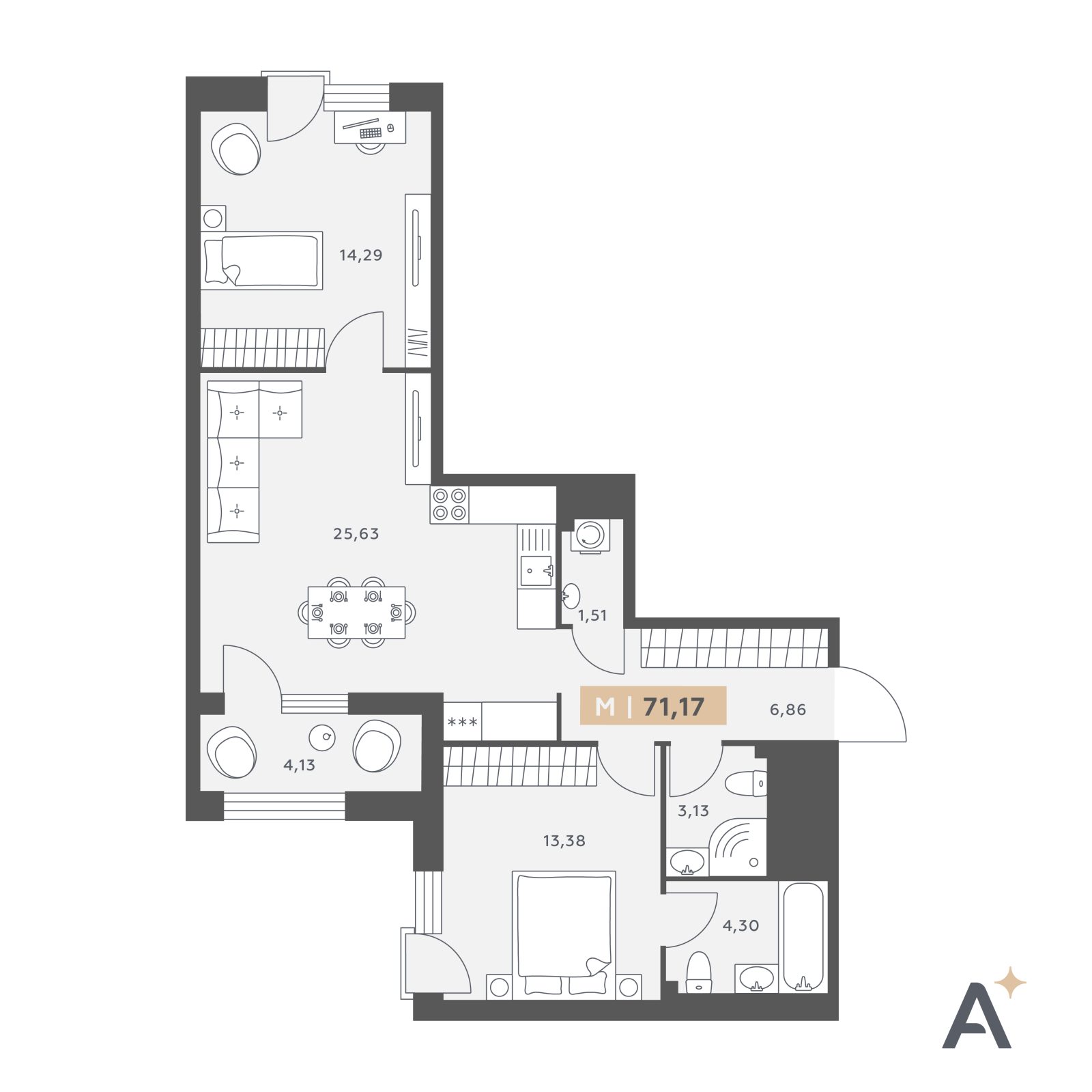 Планировка: 3-комнатная квартира, 71,2 м²