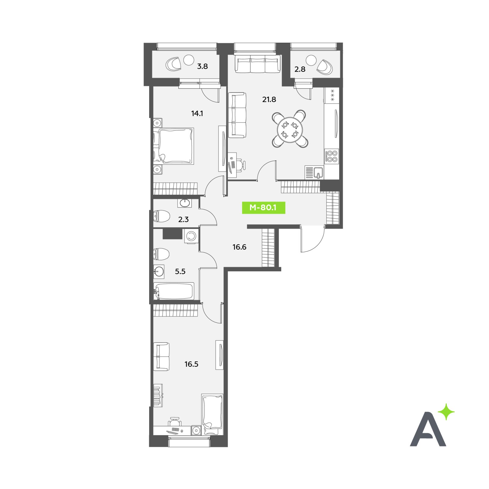 Планировка: 3-комнатная квартира, 80,1 м²