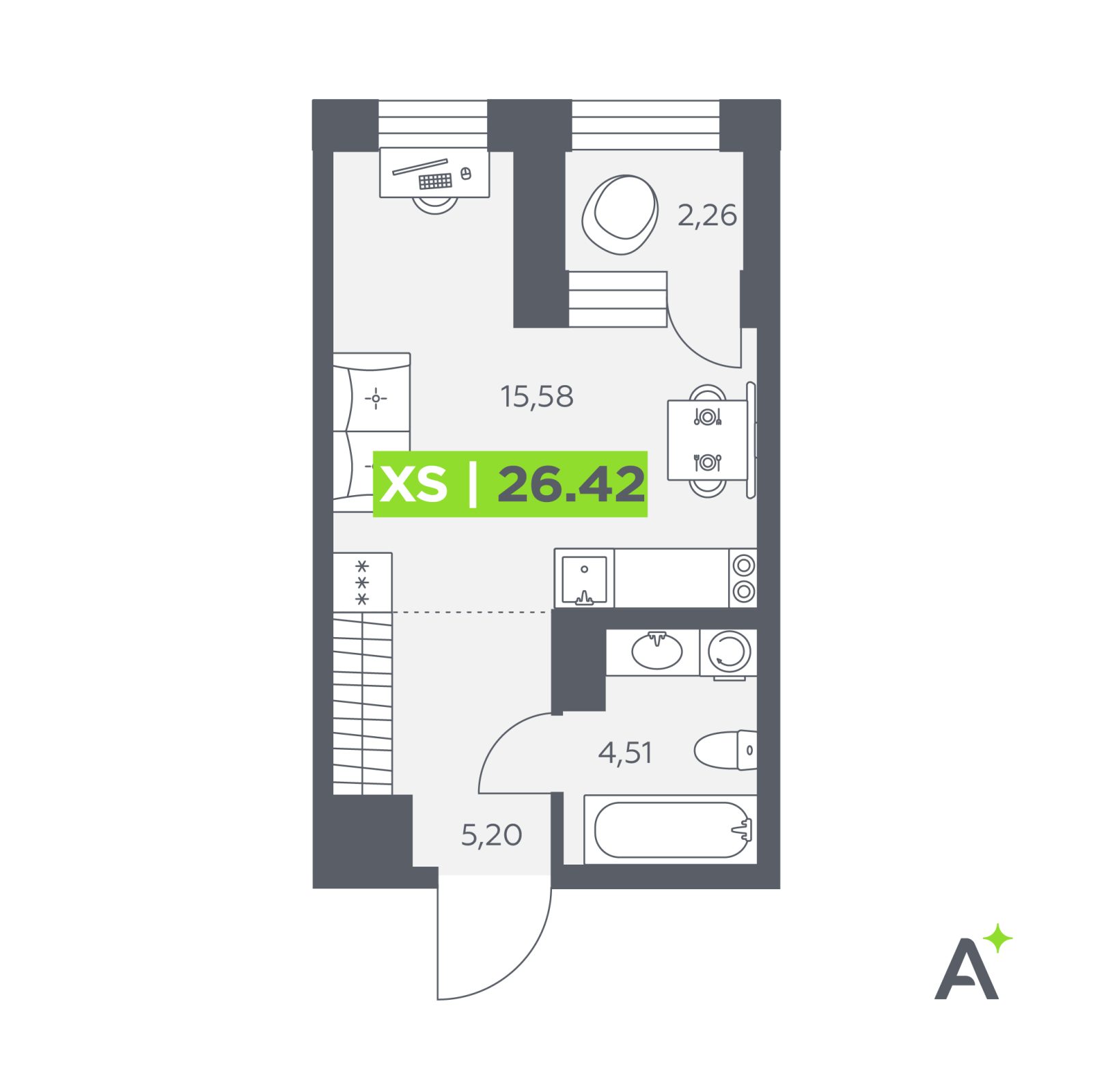 Планировка: студия, 26,4 м²