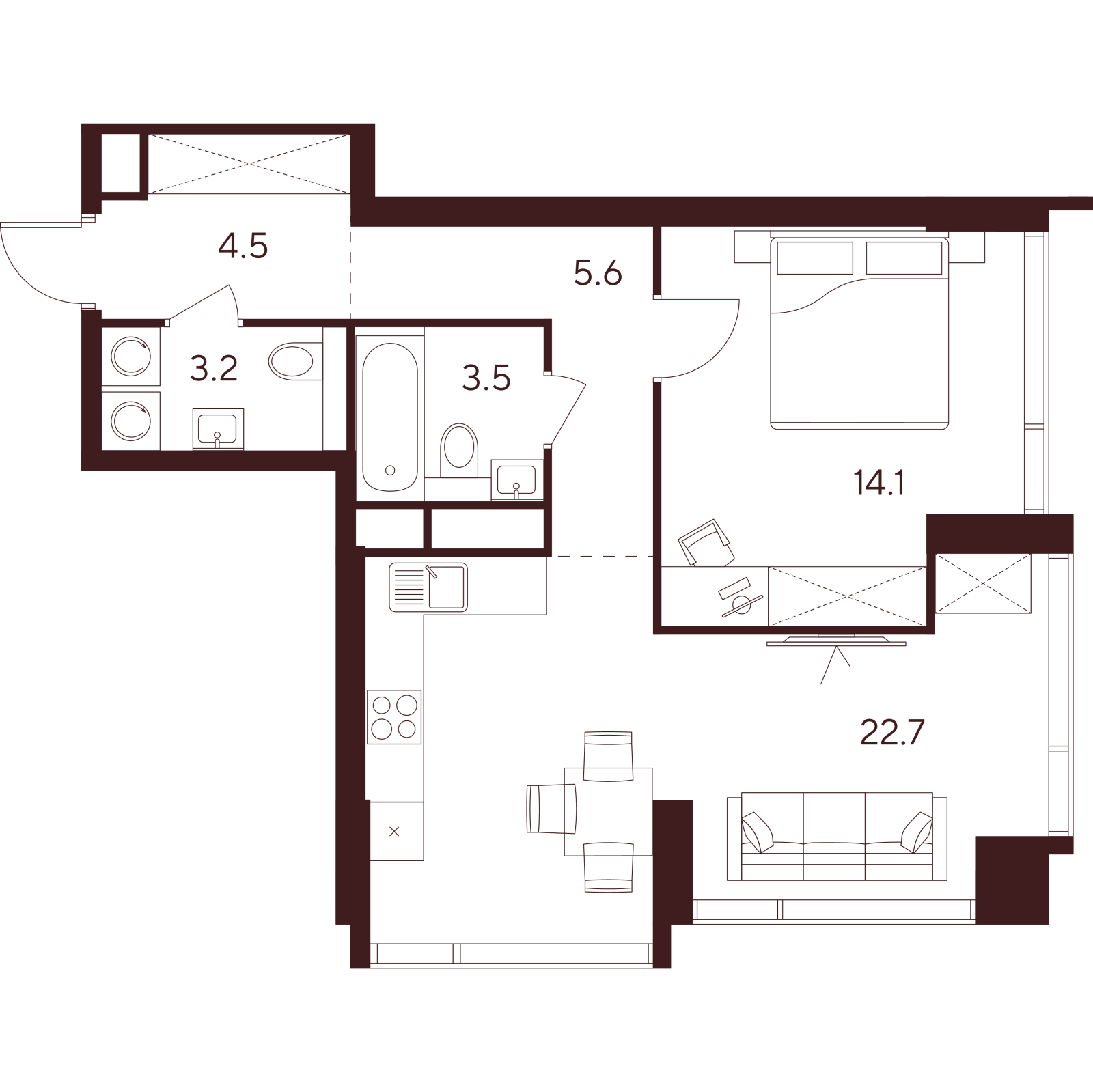 Планировка: 2-комнатная квартира, 53,6 м²