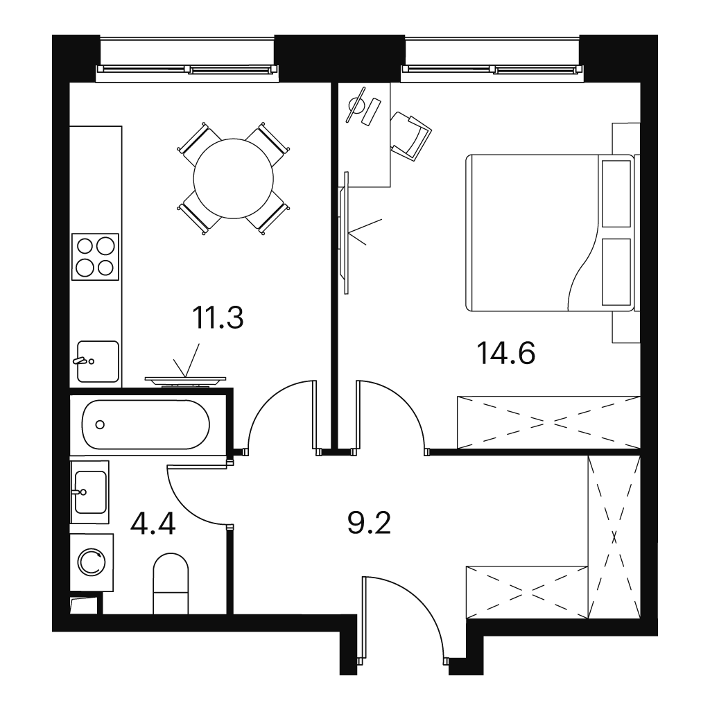 Планировка: 1-комнатная квартира, 39,5 м²