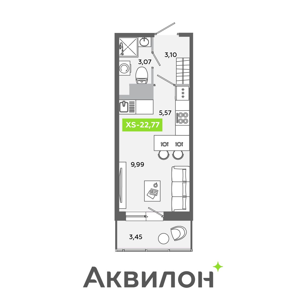 Планировка: студия, 22,8 м²