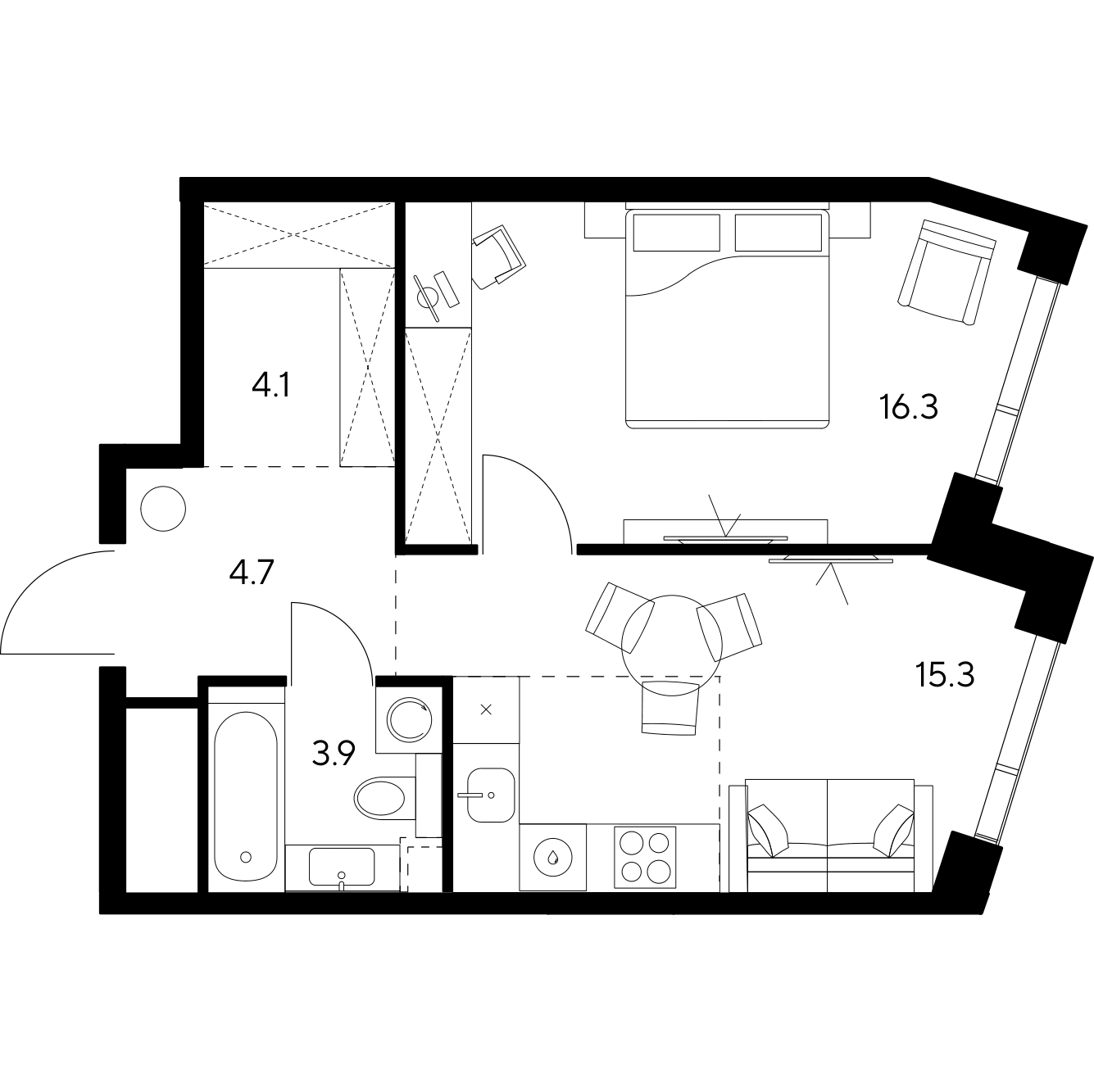 Планировка: 1-комнатная квартира, 44,3 м²