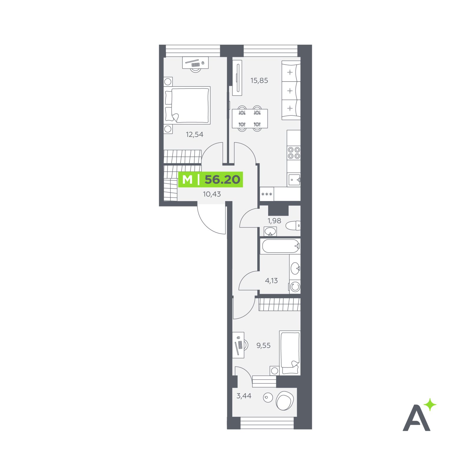 Планировка: 3-комнатная квартира, 56,2 м²