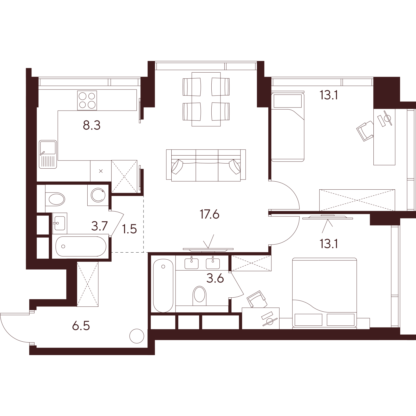 Планировка: 3-комнатная квартира, 67,4 м²