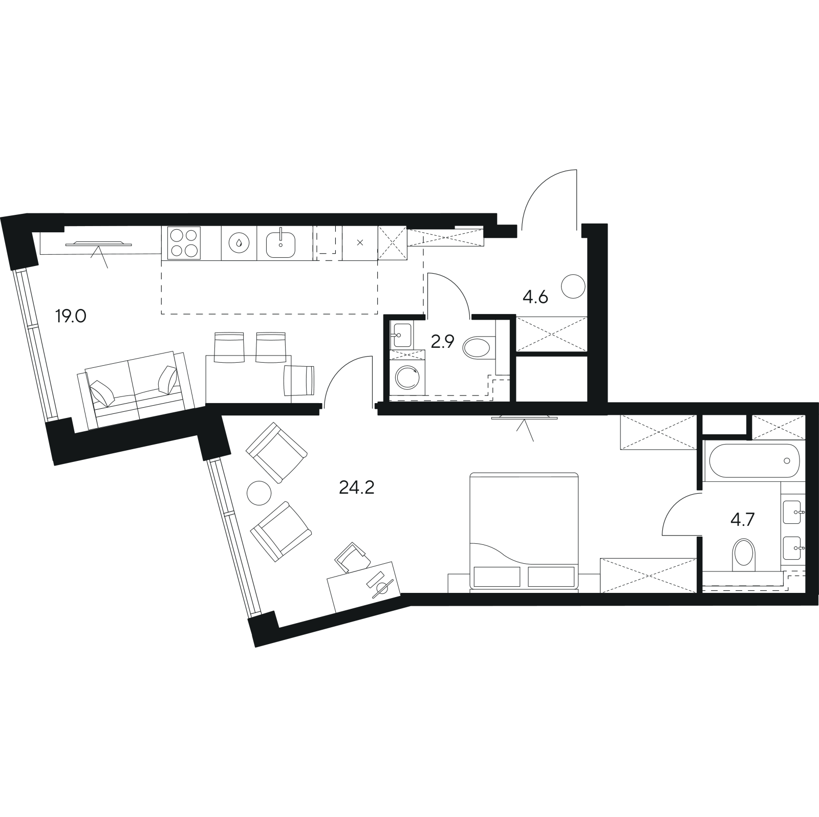 Планировка: 2-комнатная квартира, 55,4 м²