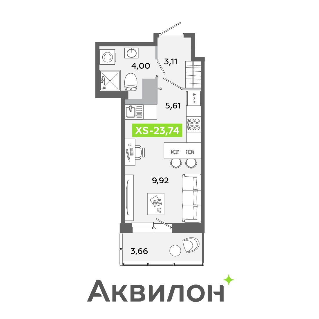 Планировка: студия, 23,7 м²