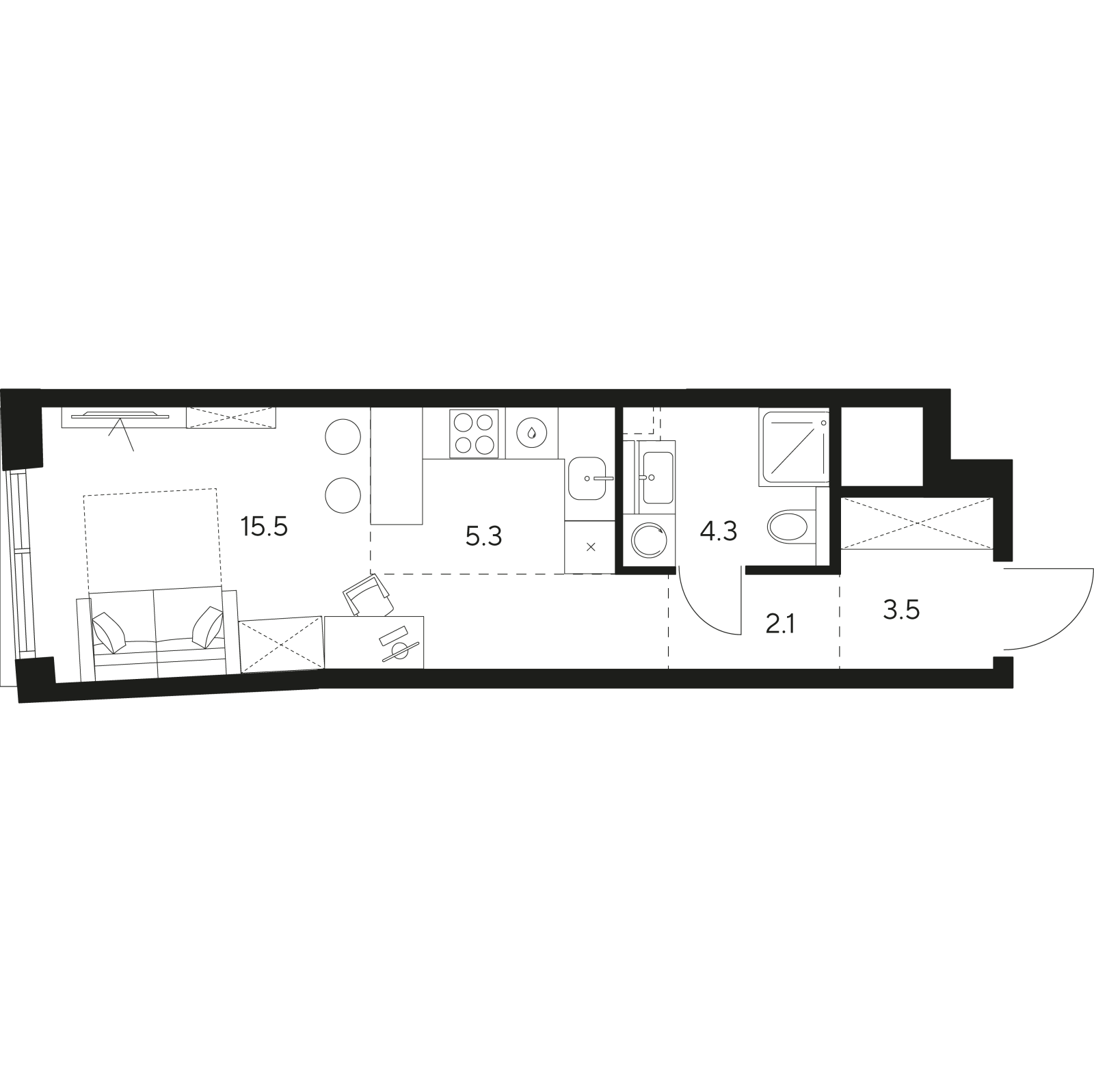 Планировка: студия, 30,7 м²