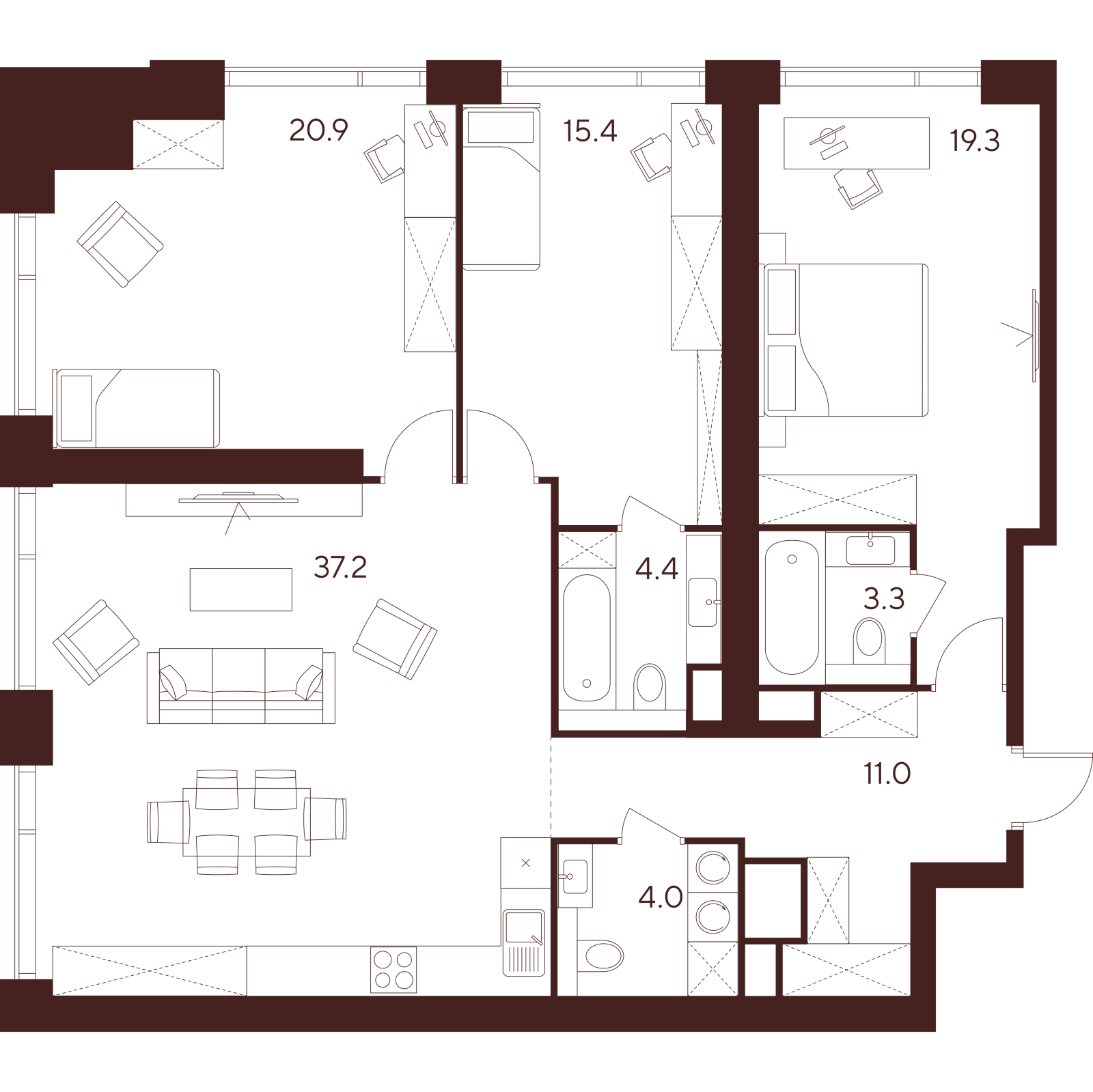 Планировка: 4-комнатная квартира, 115,5 м²