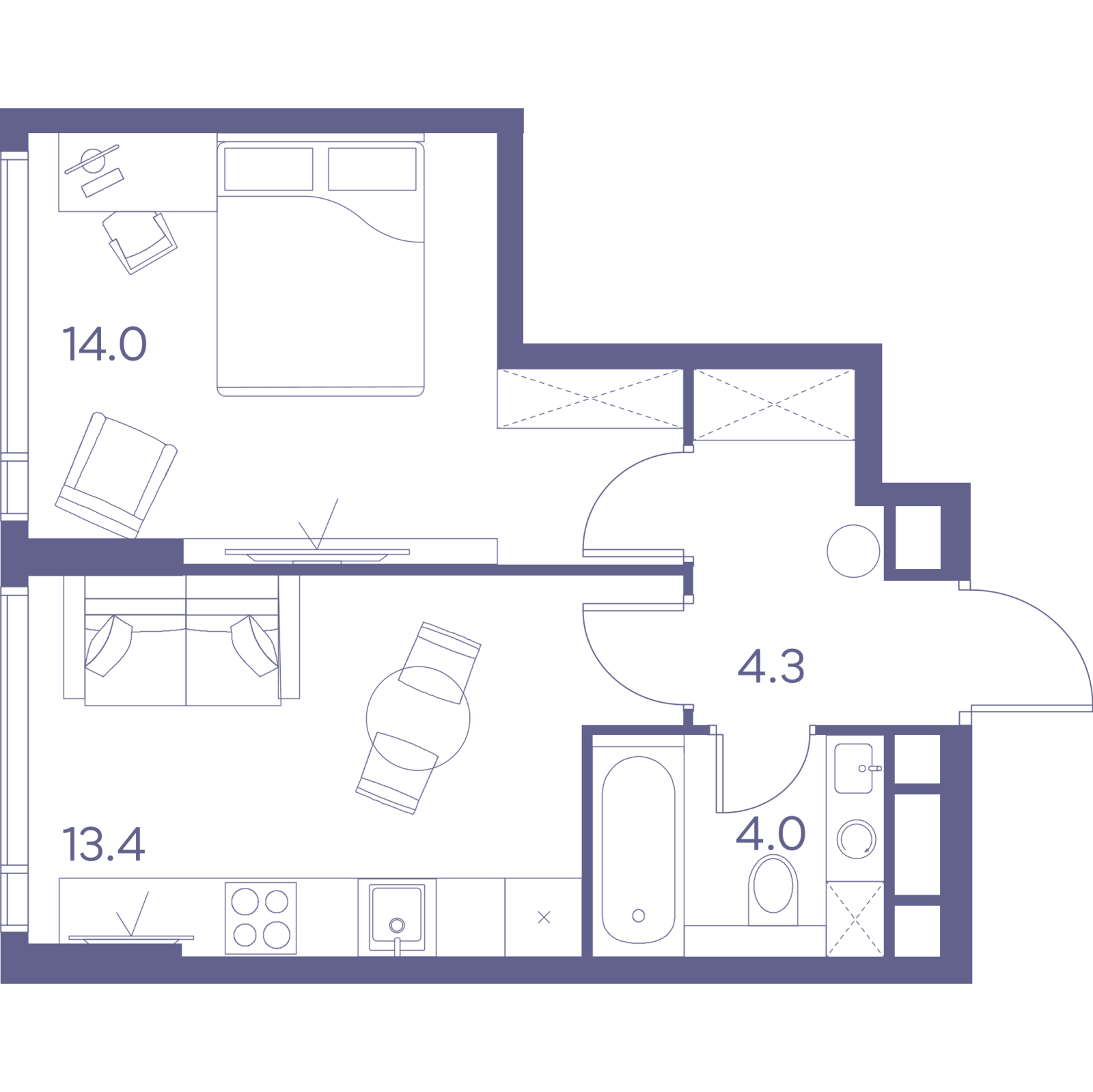 Планировка: 1-комнатная квартира, 35,7 м²