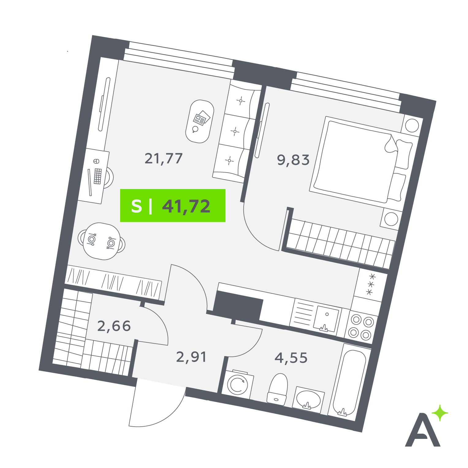 Планировка: 2-комнатная квартира, 41,7 м²