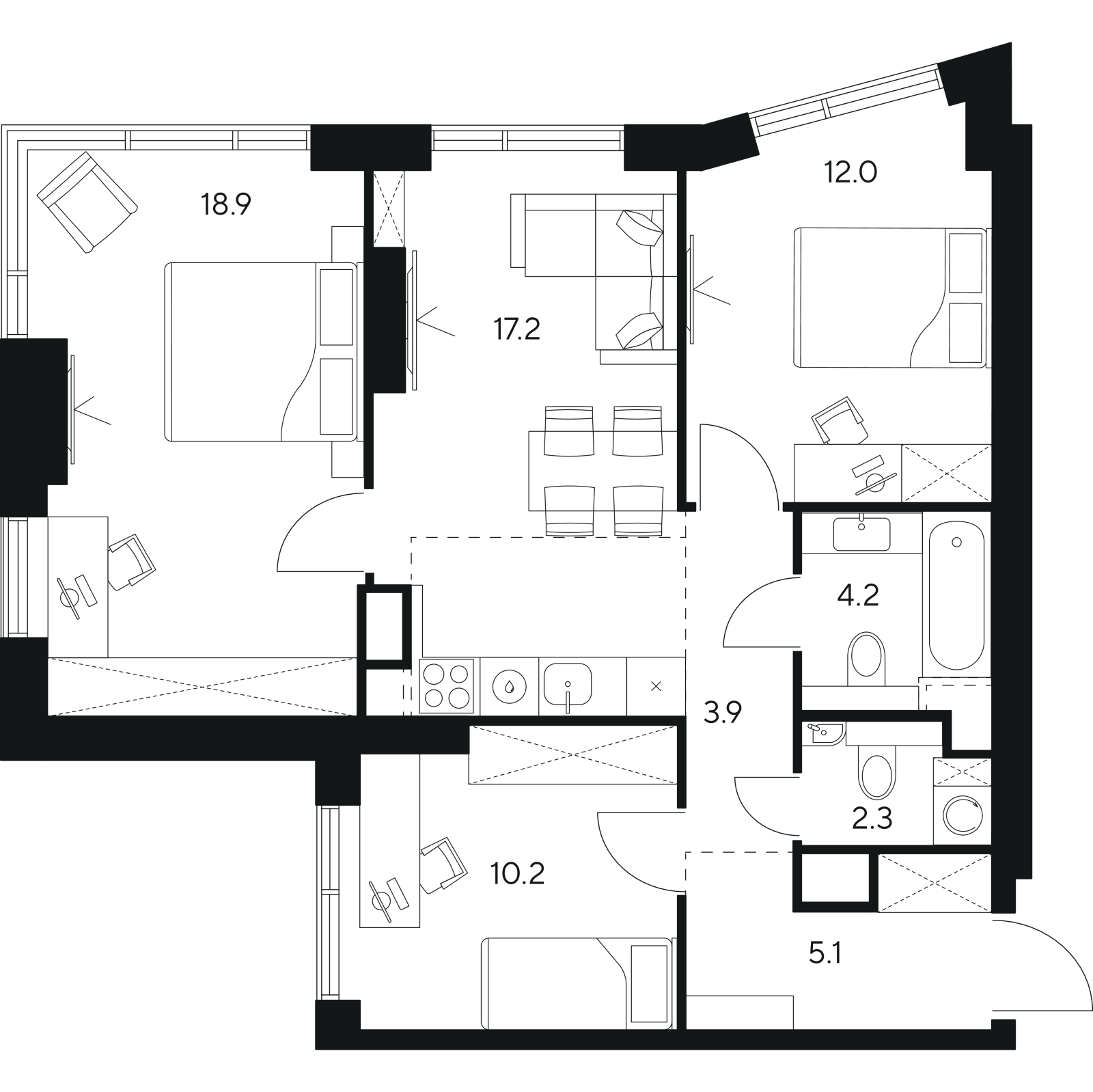 Планировка: 4-комнатная квартира, 73,8 м²