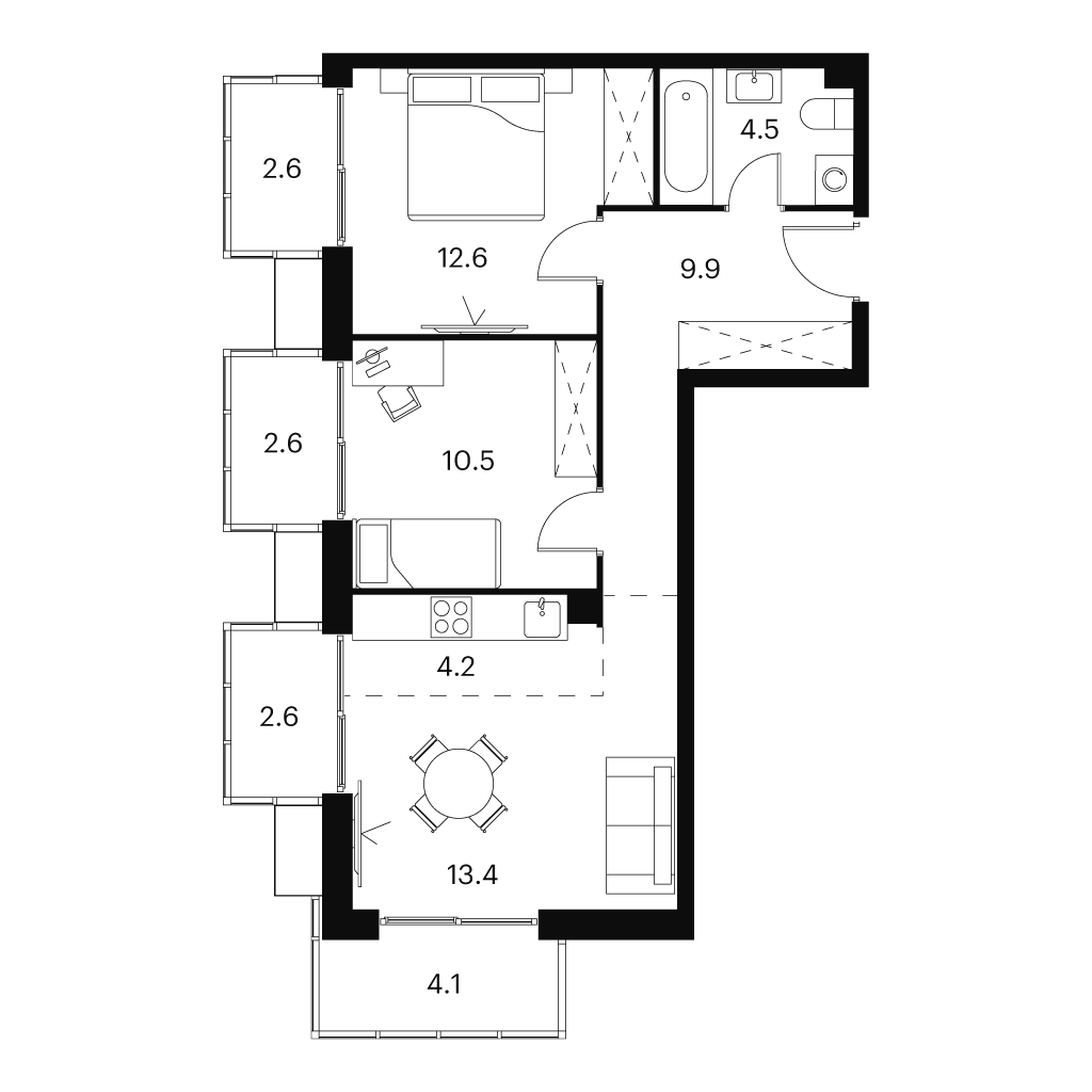 Планировка: 3-комнатная квартира, 67,0 м²