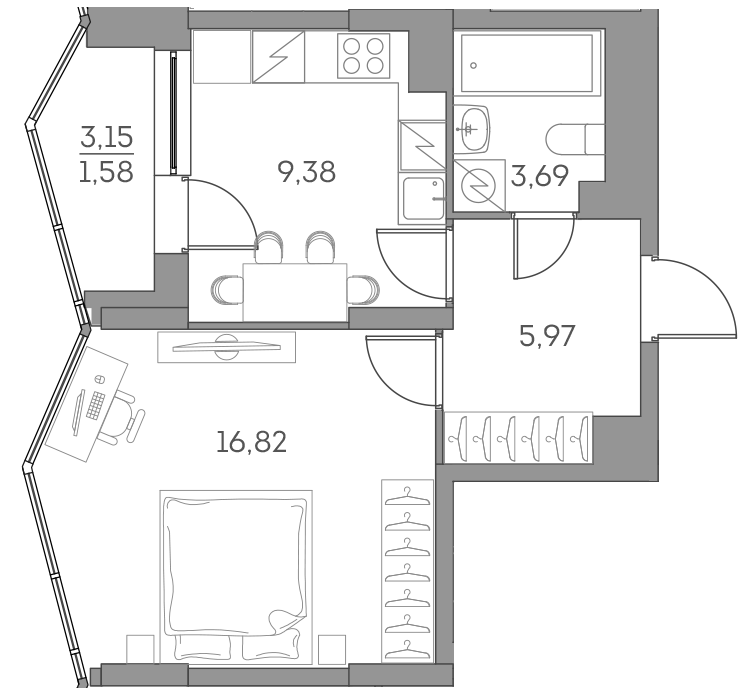 Планировка: 1-комнатная квартира, 37,4 м²