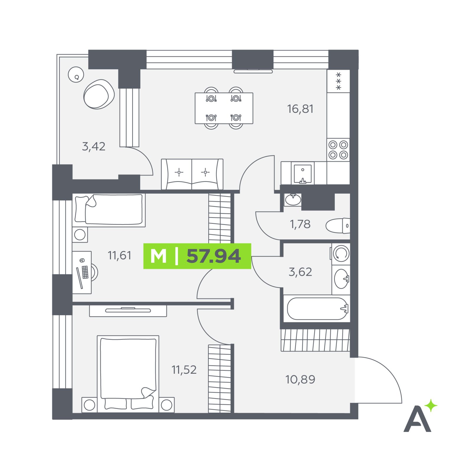 Планировка: 3-комнатная квартира, 57,9 м²