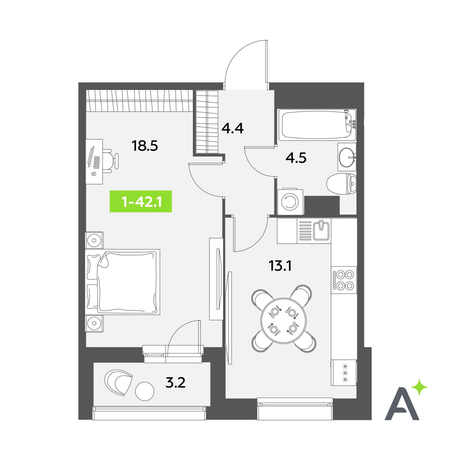 Планировка: 1-комнатная квартира, 42,1 м²