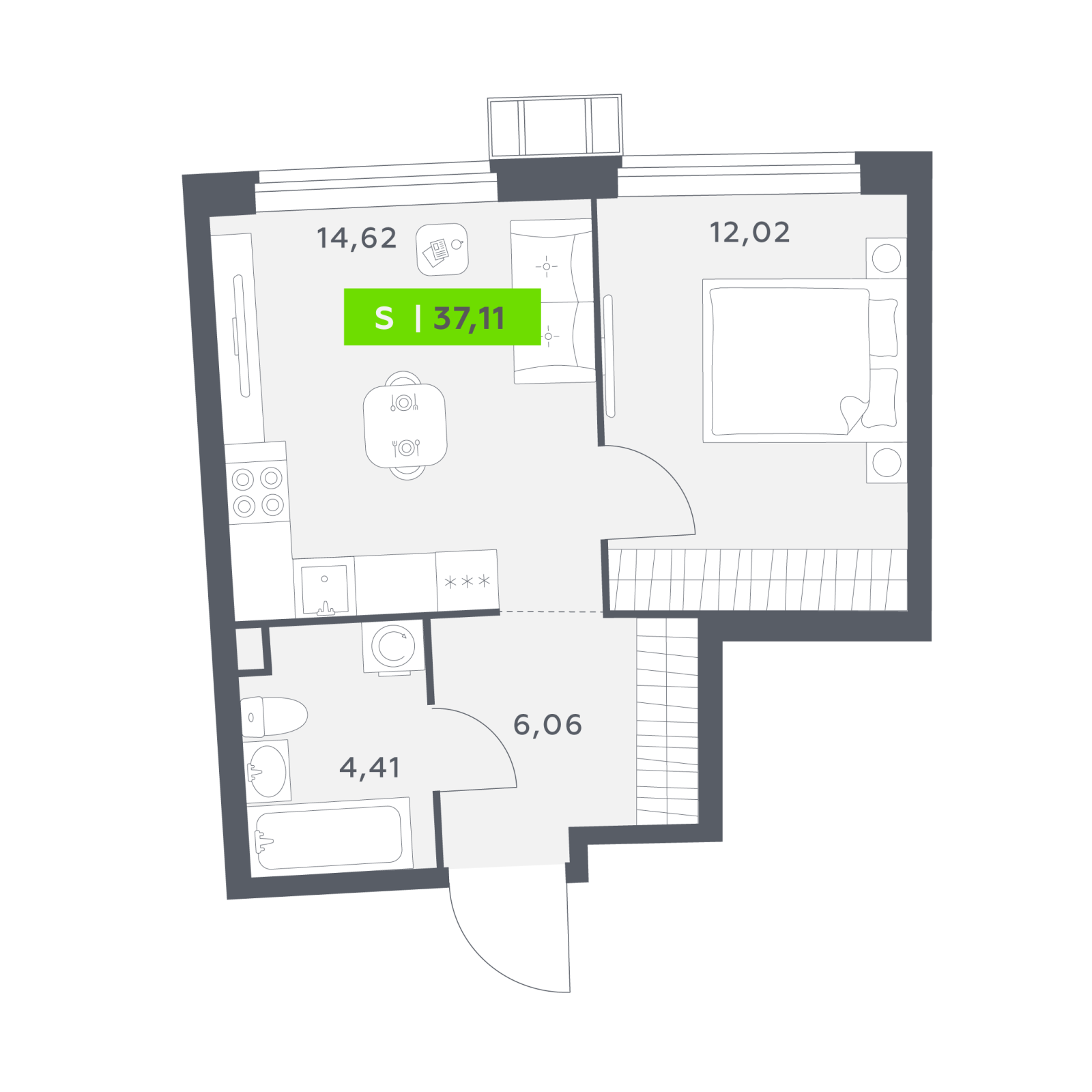 Планировка: 2-комнатная квартира, 37,1 м²