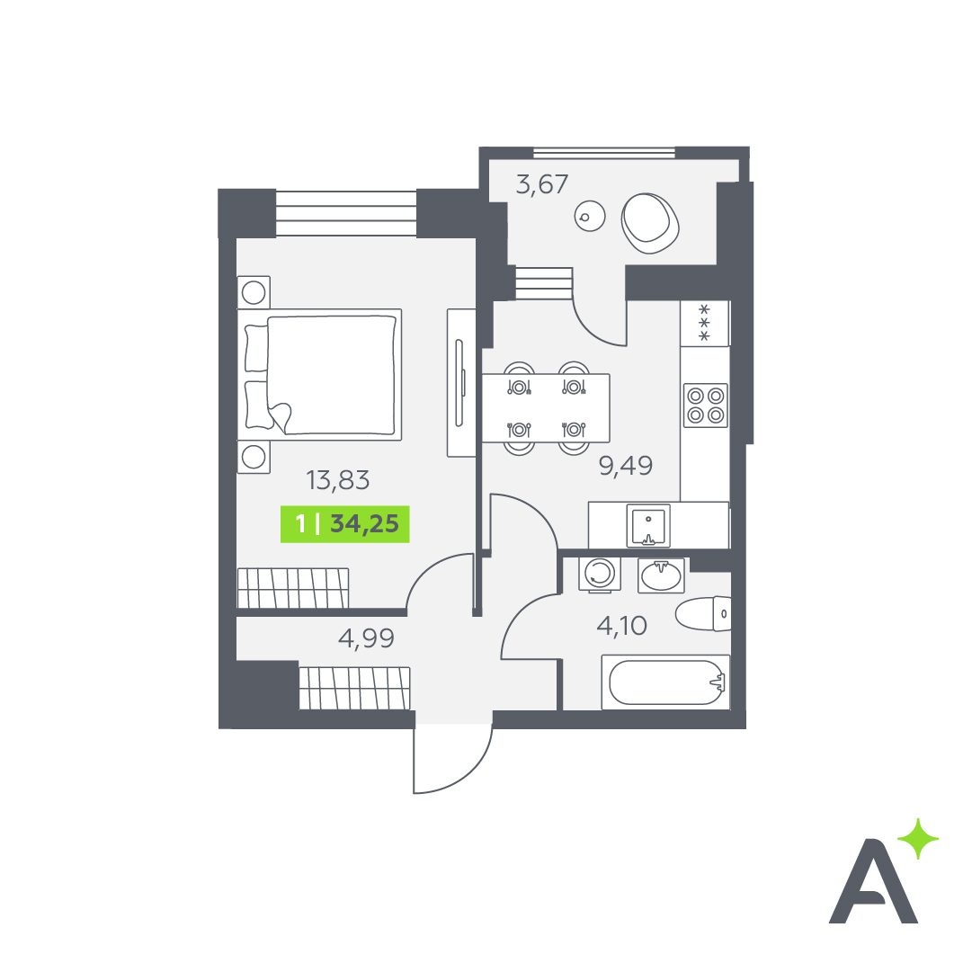 Планировка: 1-комнатная квартира, 34,3 м²