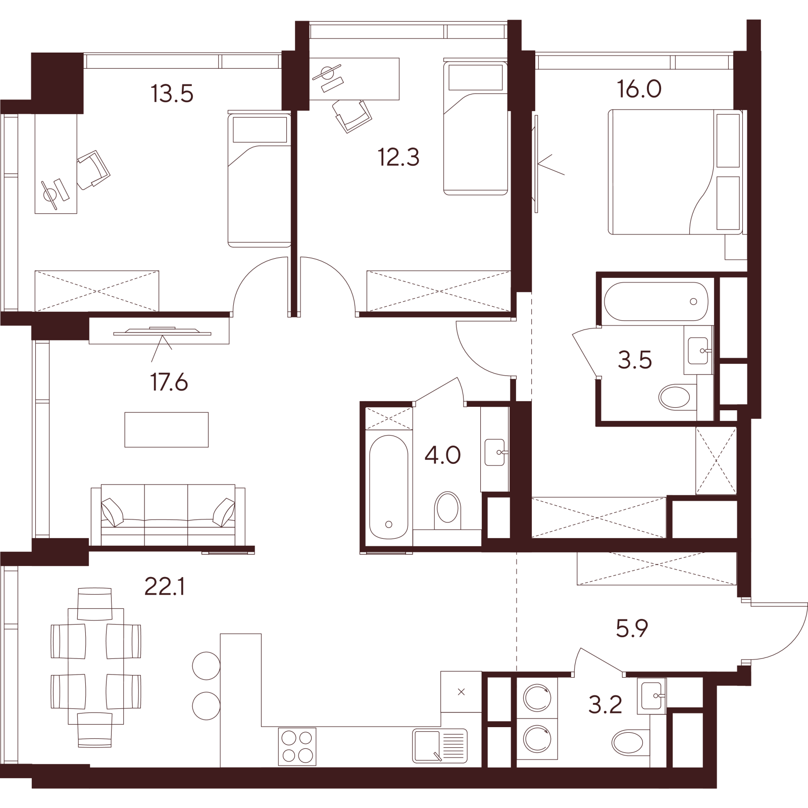 Планировка: 5-комнатная квартира, 98,1 м²