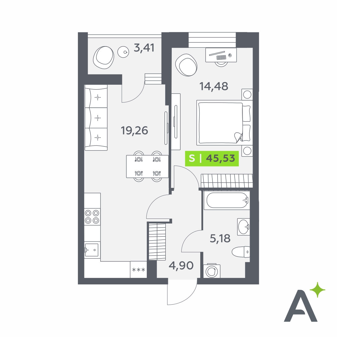 Планировка: 2-комнатная квартира, 45,5 м²