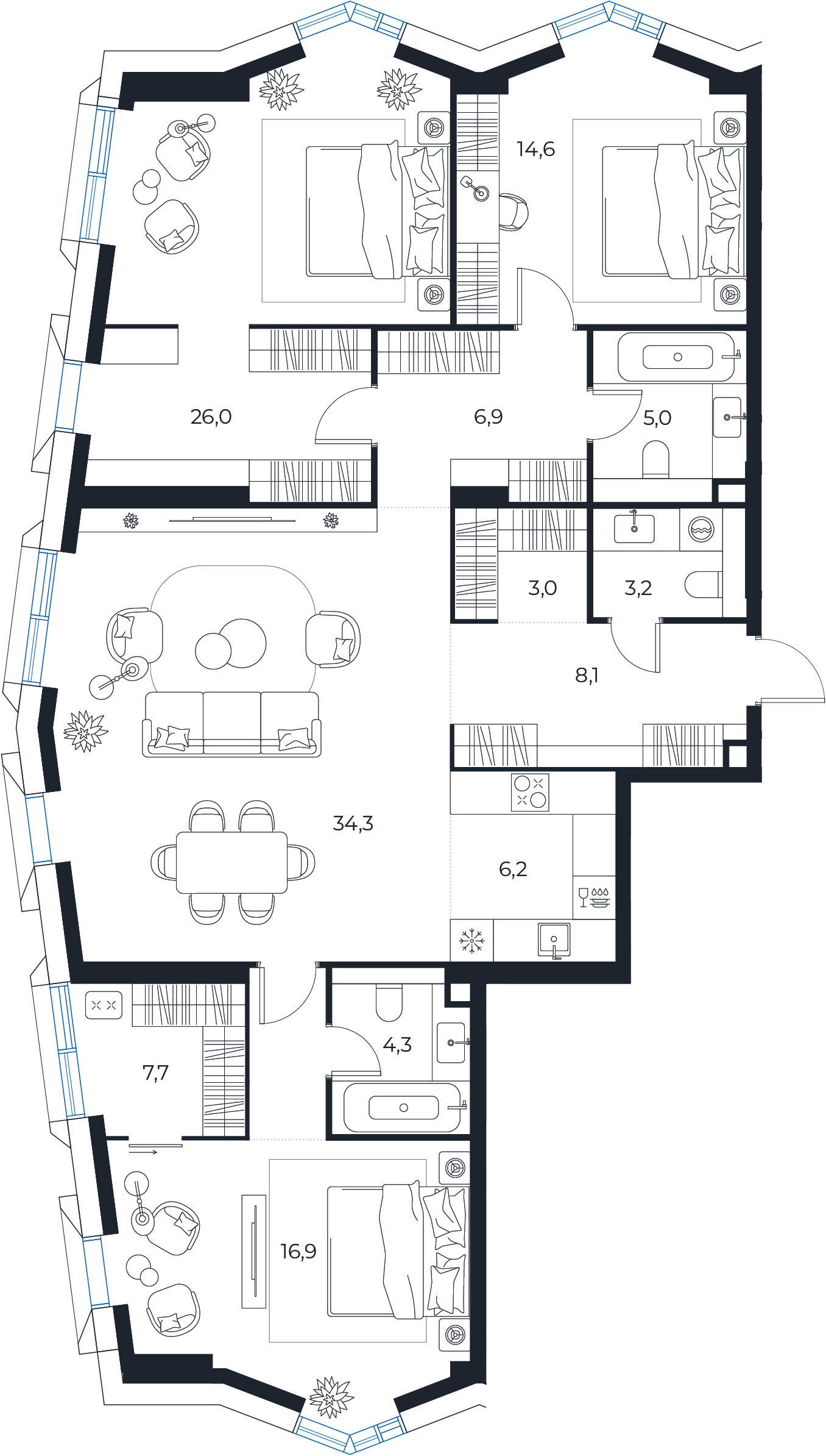 Планировка: 3-комнатная квартира, 136,2 м²
