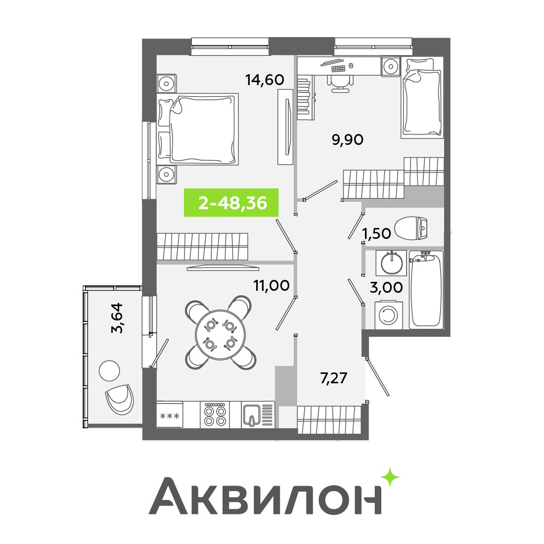 Планировка: 2-комнатная квартира, 48,4 м²