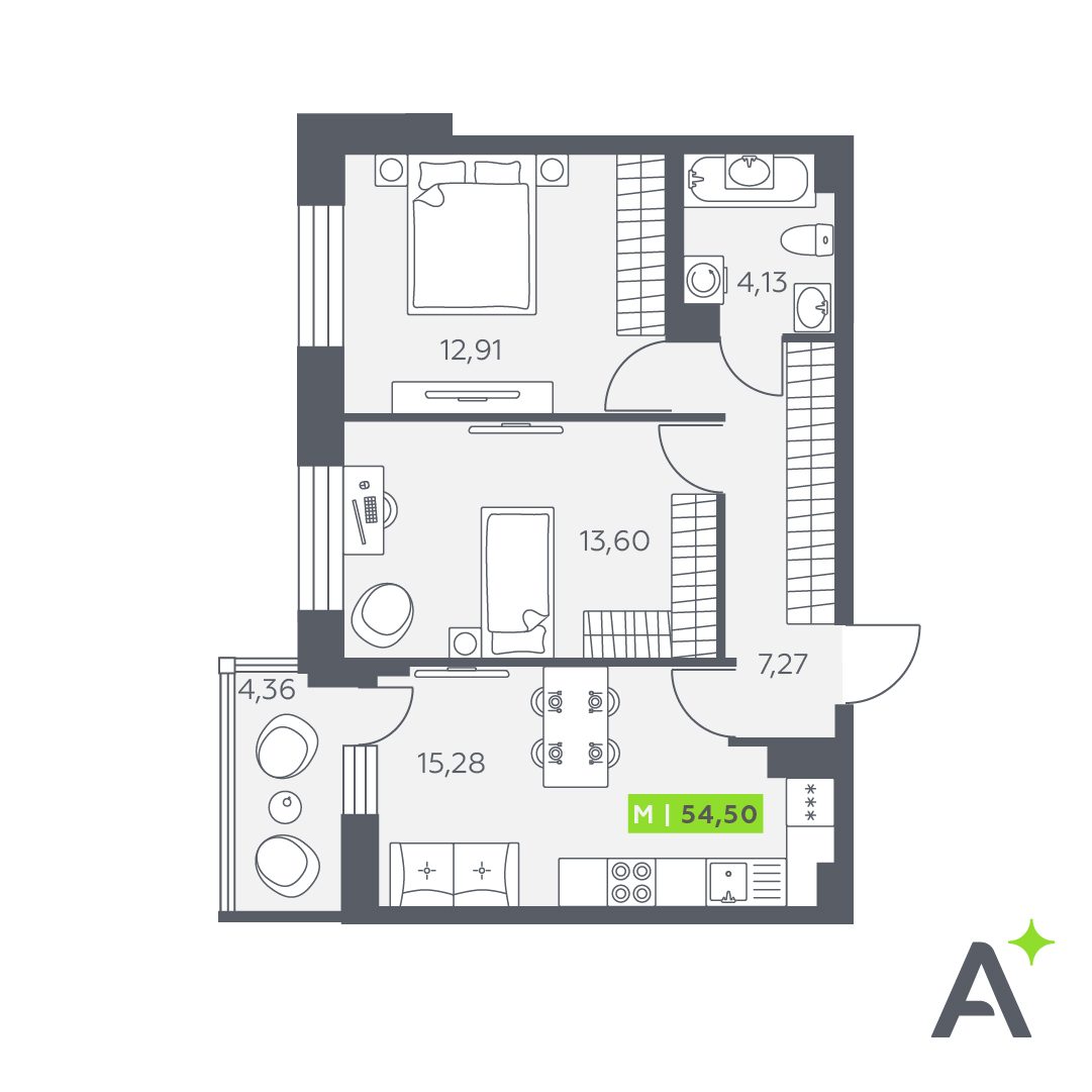 Планировка: 3-комнатная квартира, 54,5 м²