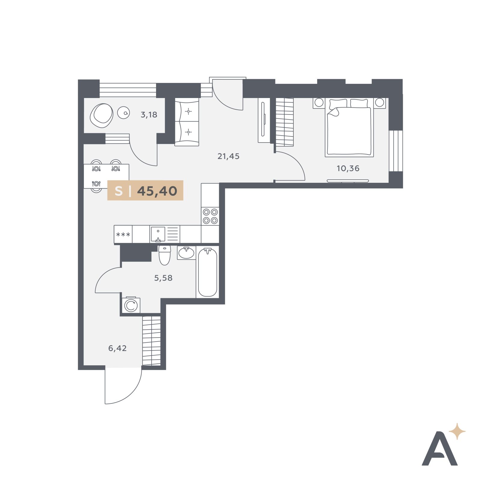 Планировка: 2-комнатная квартира, 45,4 м²