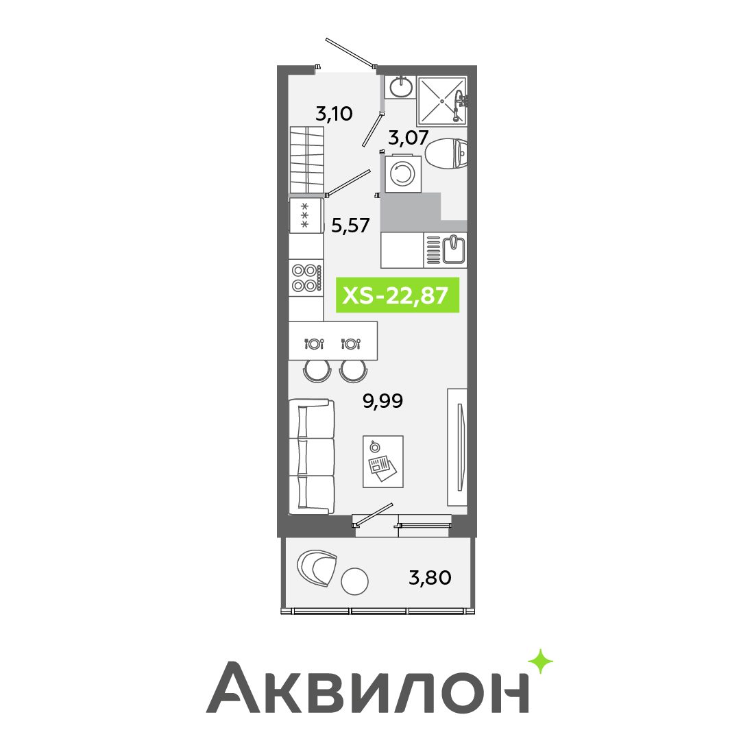 Планировка: студия, 22,9 м²
