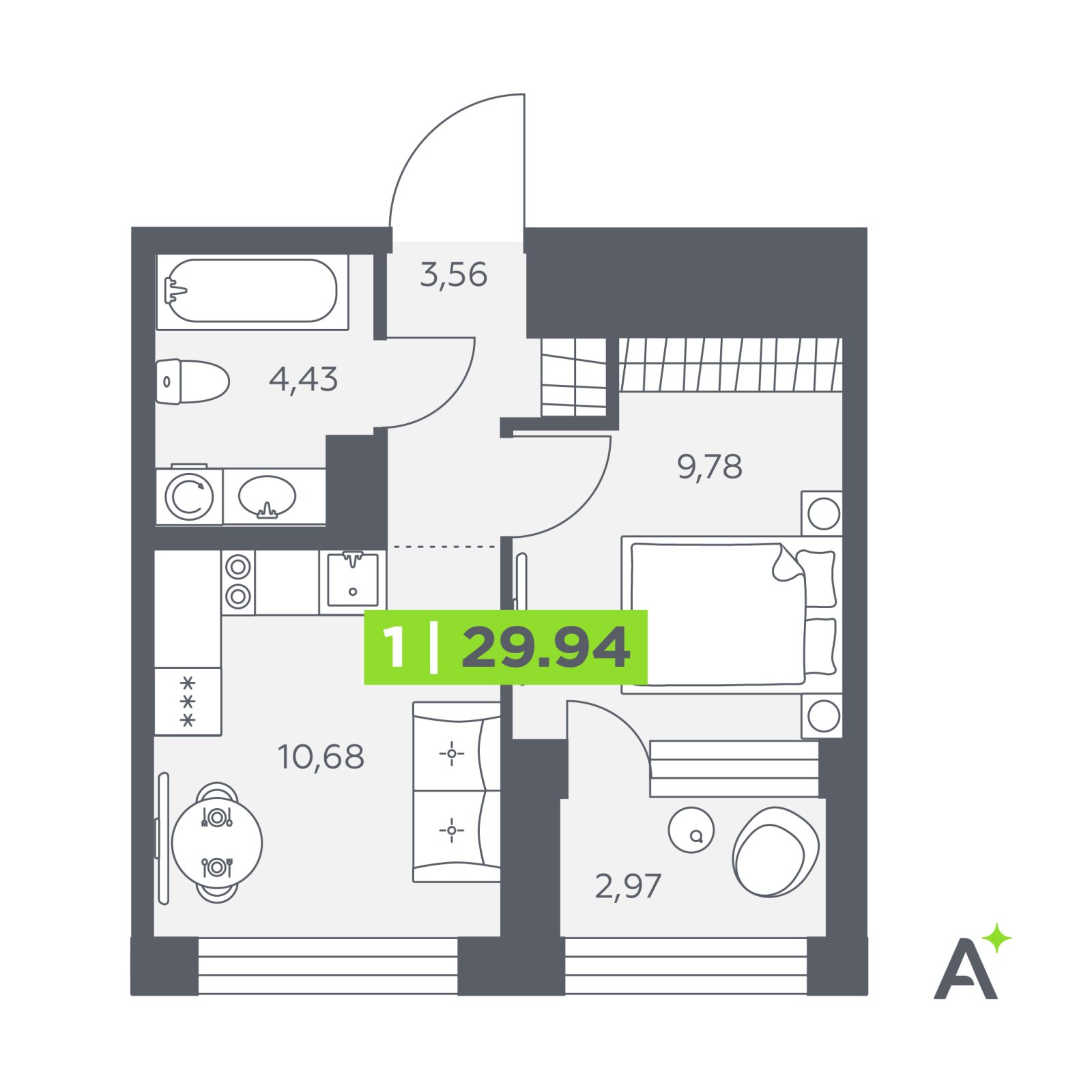 Планировка: 1-комнатная квартира, 29,9 м²