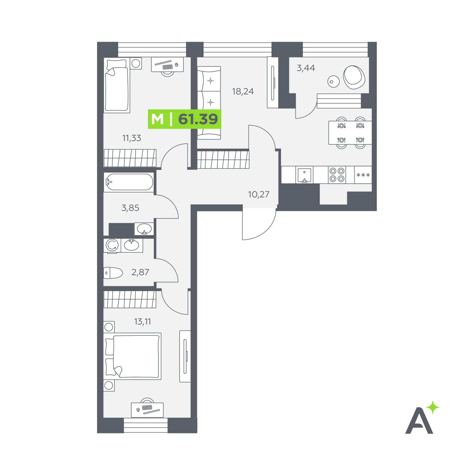 Планировка: 3-комнатная квартира, 61,4 м²