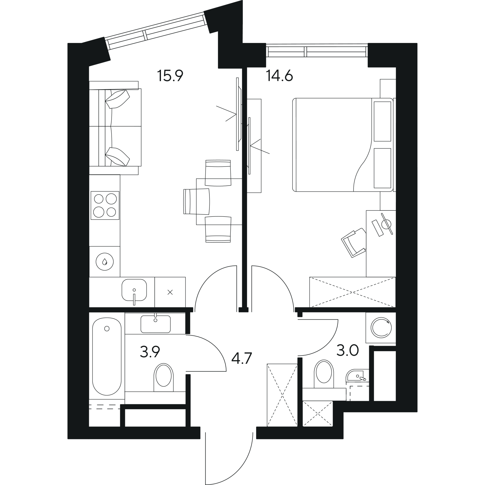 Планировка: 1-комнатная квартира, 42,1 м²