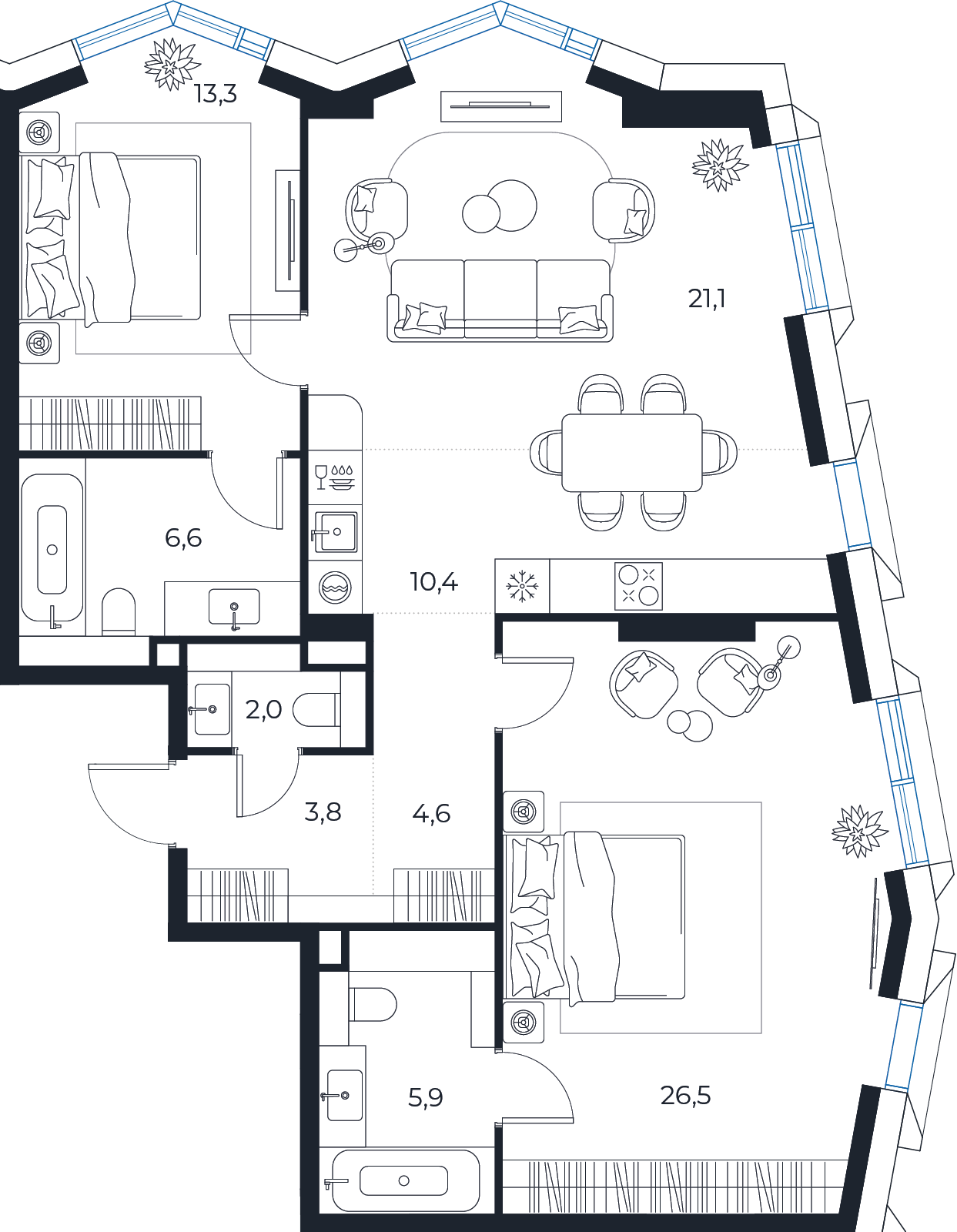 Планировка: 2-комнатная квартира, 94,2 м²