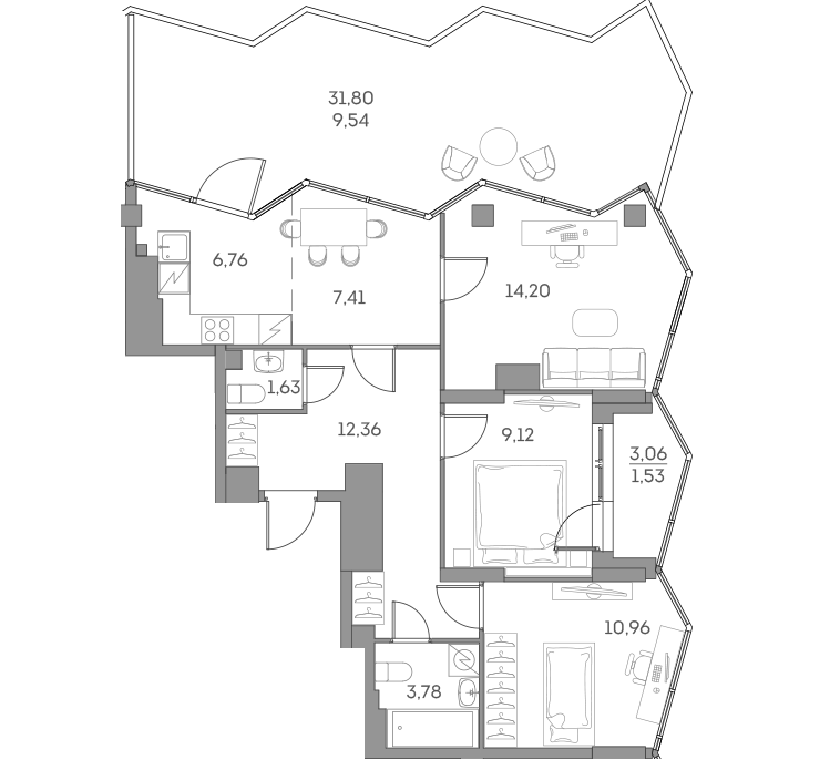 Планировка: 4-комнатная квартира, 77,3 м²