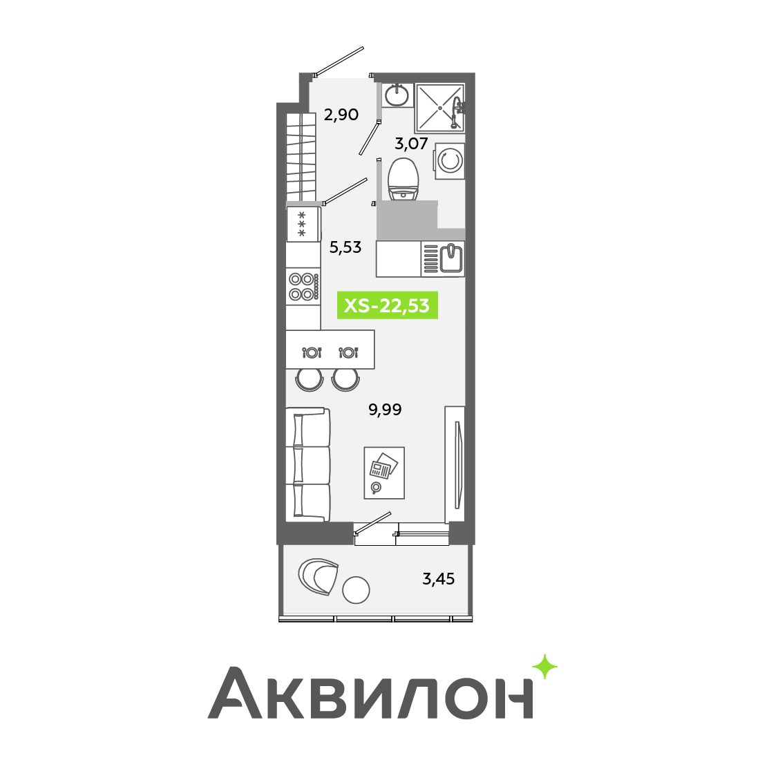 Планировка: студия, 22,5 м²
