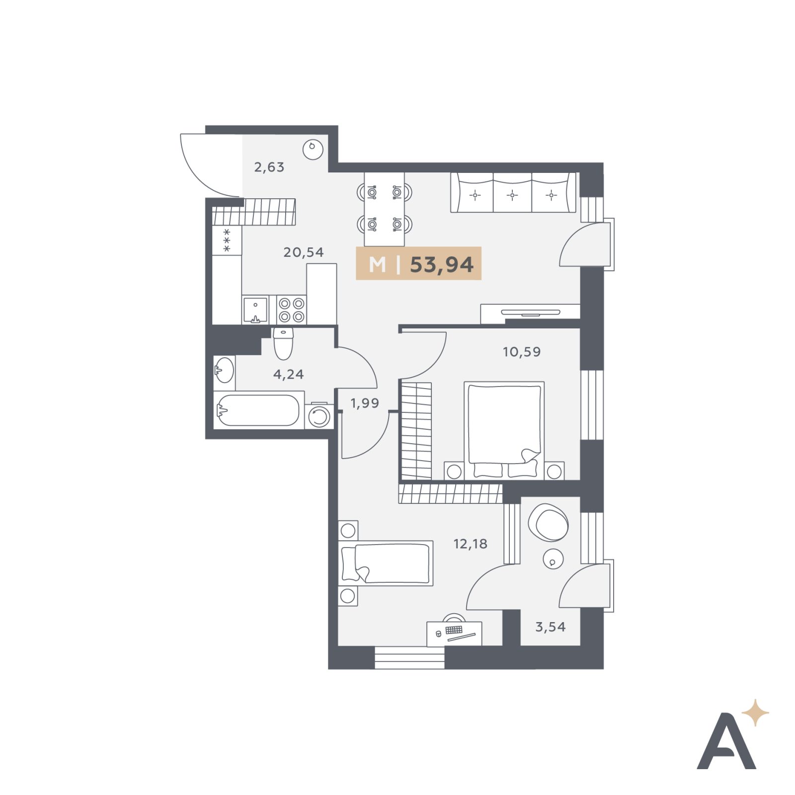 Планировка: 3-комнатная квартира, 53,9 м²