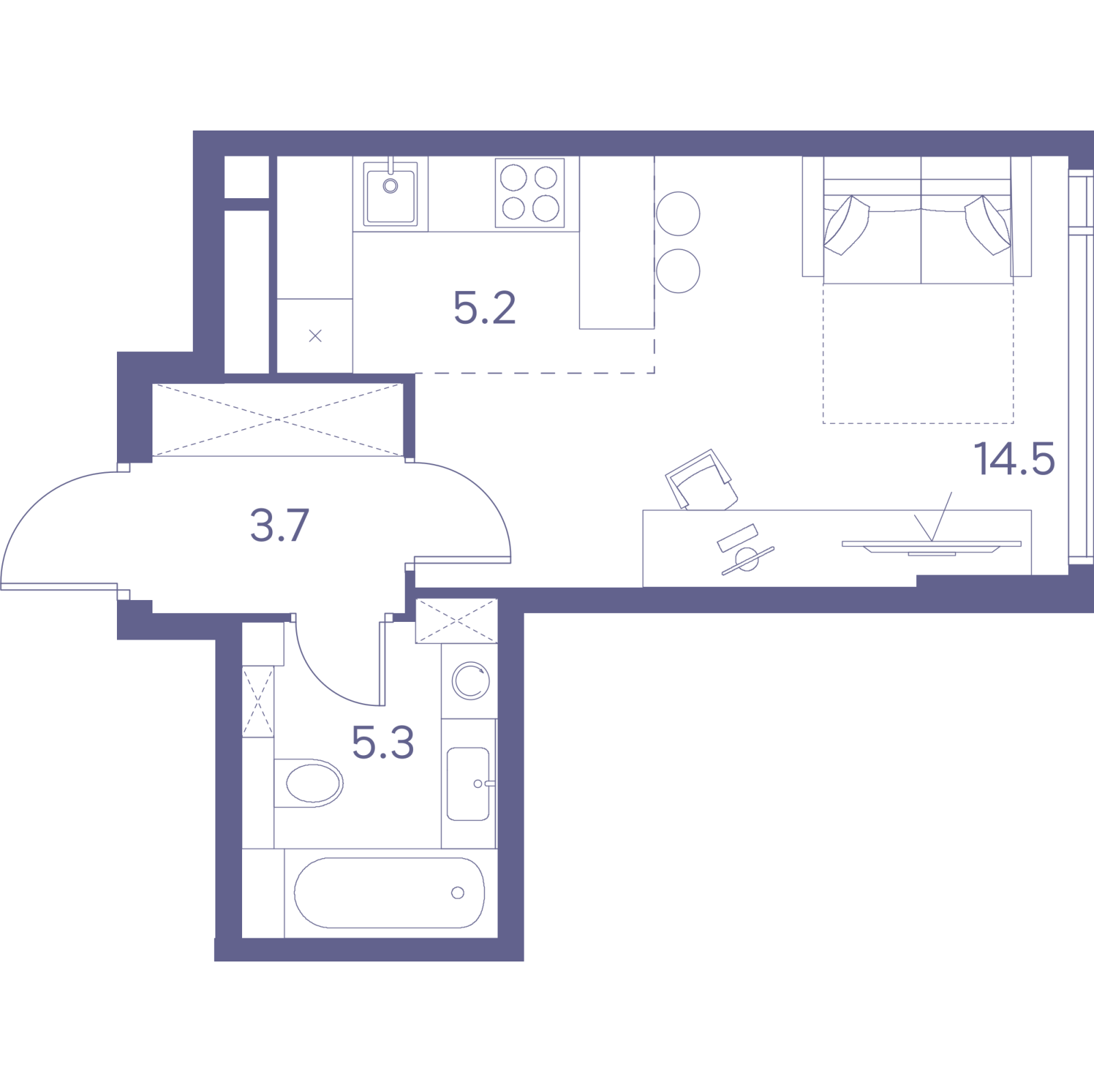 Планировка: студия, 28,7 м²