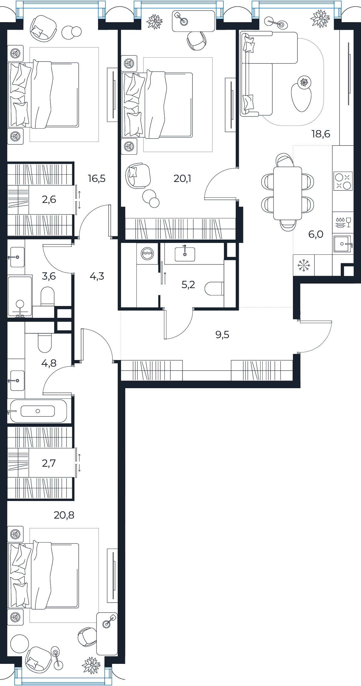 Планировка: 3-комнатная квартира, 114,7 м²