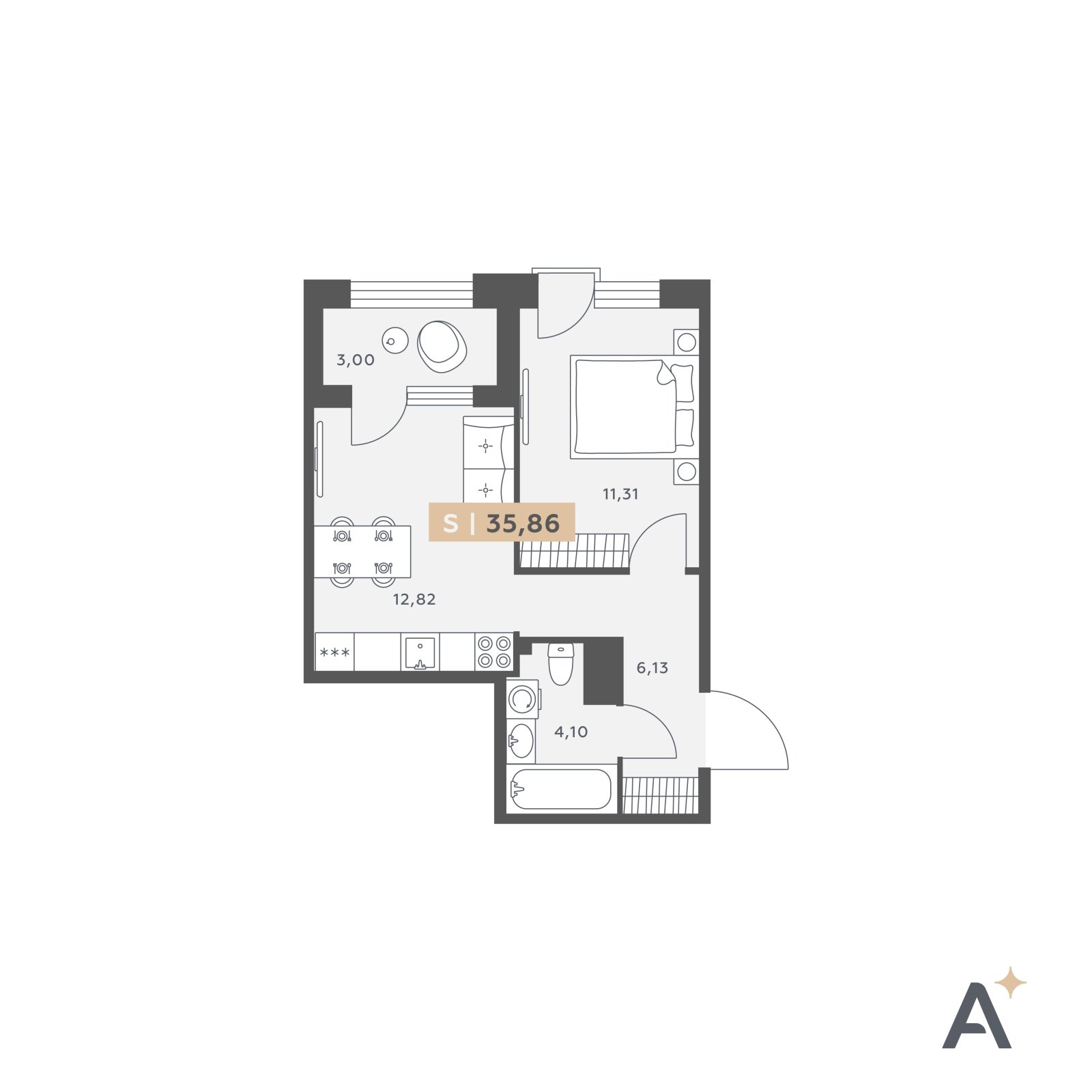 Планировка: 2-комнатная квартира, 35,9 м²