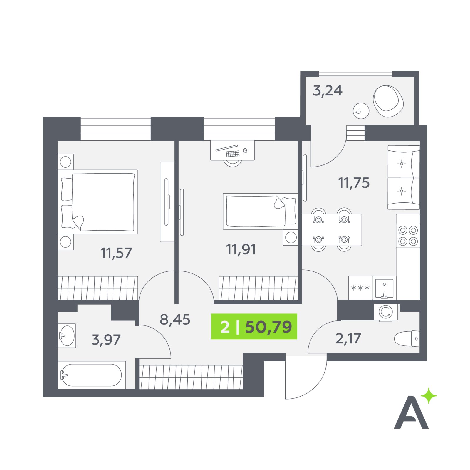 Планировка: 2-комнатная квартира, 50,8 м²